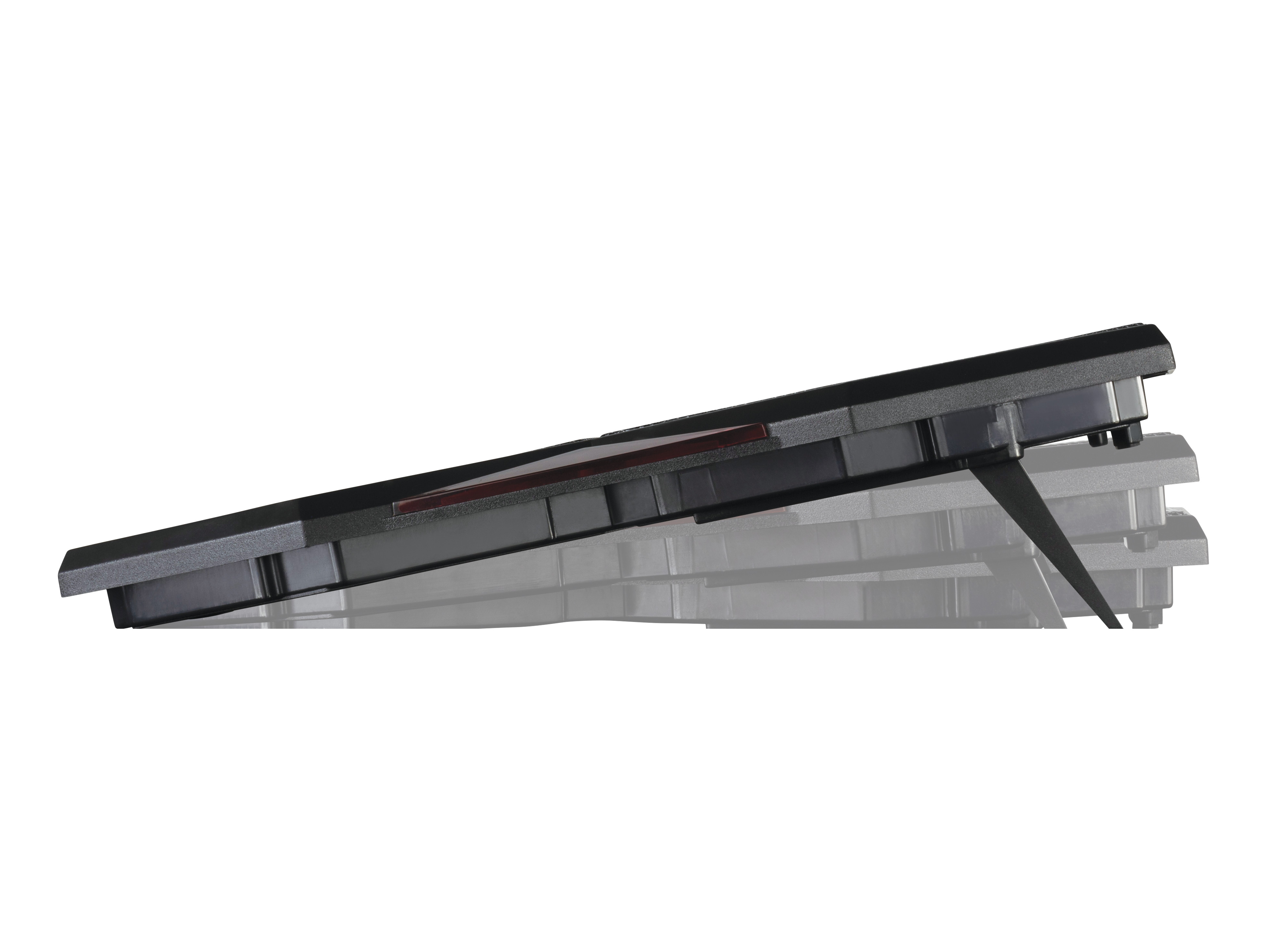 Ein schwarzer Laptop-Ständer, von der Seite betrachtet, auf weißem Hintergrund.