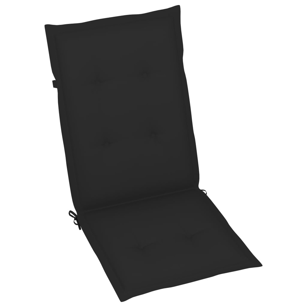 Schwarzes Outdoor-Stuhlkissen mit Knopfdetails, auf weißer Oberfläche.