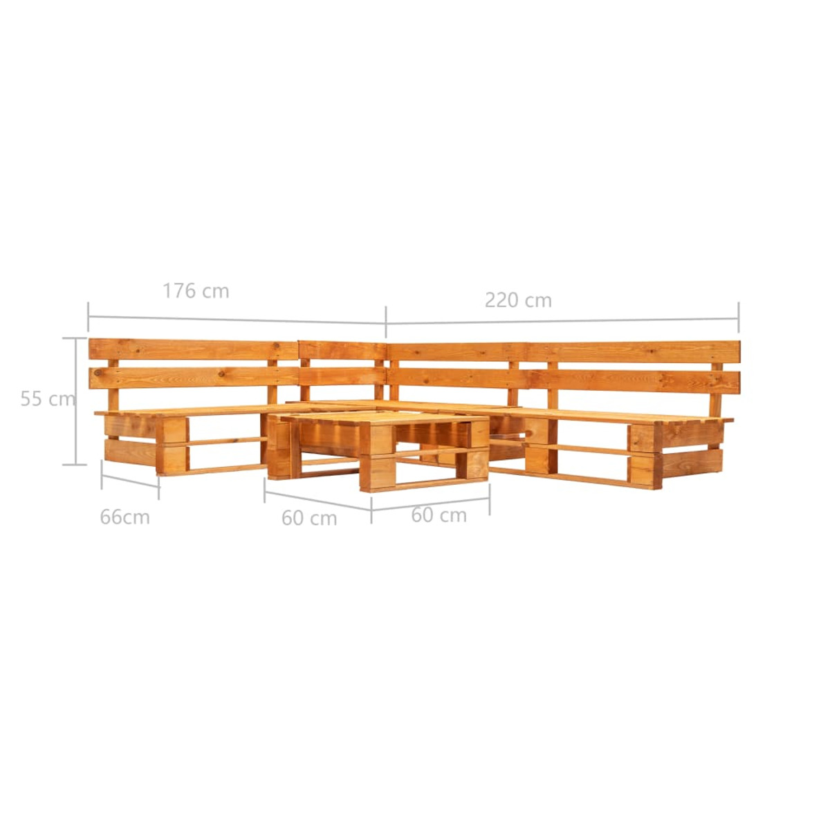 Ein Holzpalettensofa-Set mit den Maßen: 176 cm, 220 cm, 66 cm, 60 cm und 55 cm.