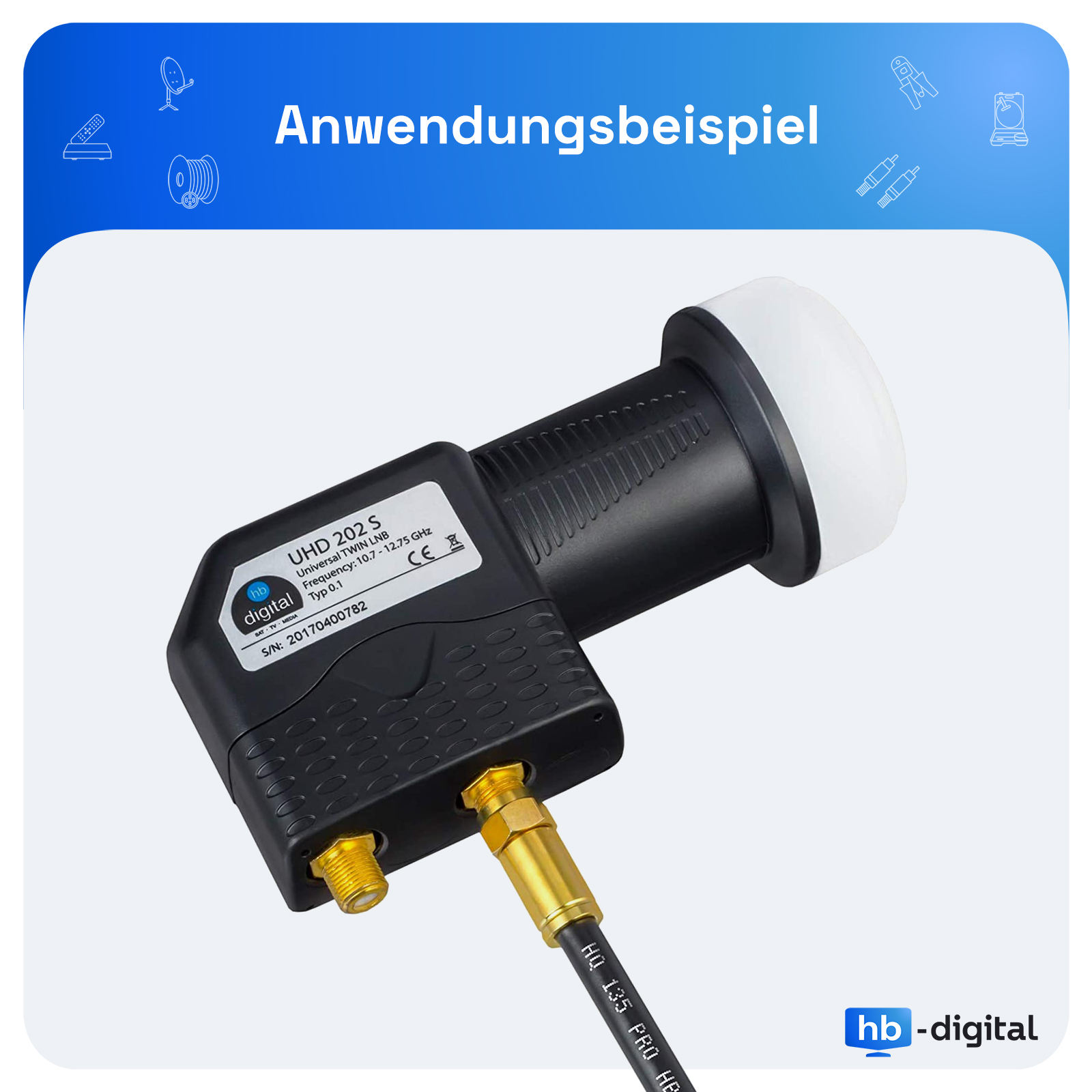 Ein schwarz-weißes Satelliten-LNB-Gerät mit Text auf blauem Hintergrund, mit Kabelanschluss.
