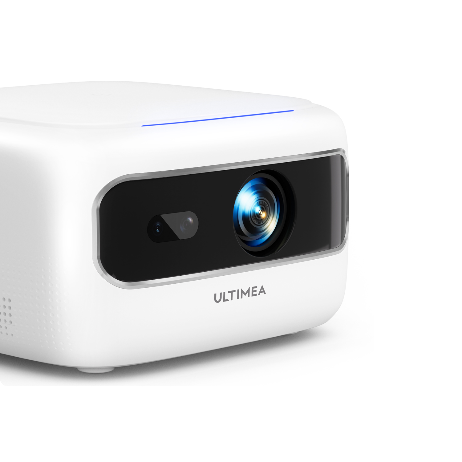Un proyector blanco con luz azul sobre un fondo blanco.