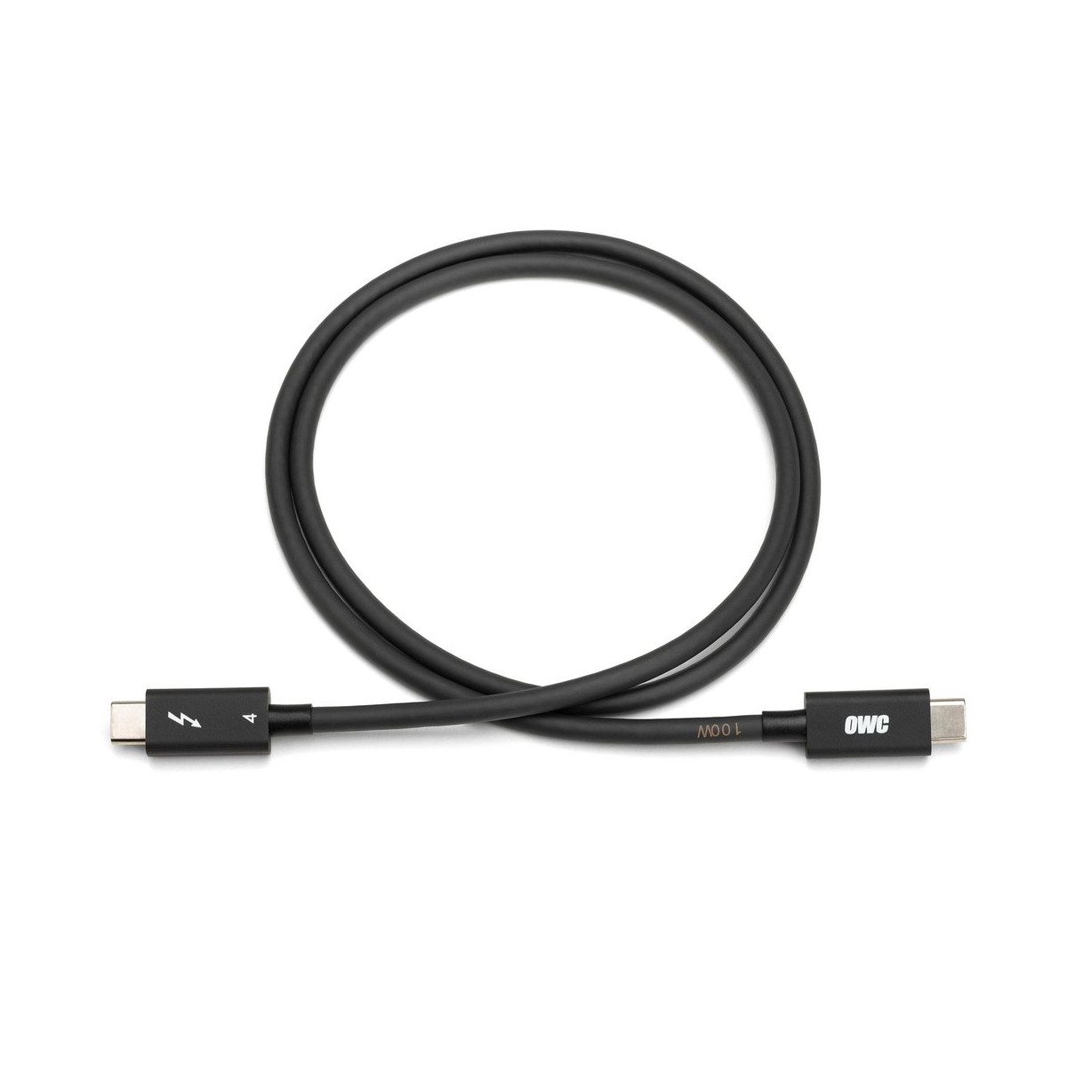 Zwarte Thunderbolt-kabel met connectoren aan elk uiteinde, op een witte achtergrond.