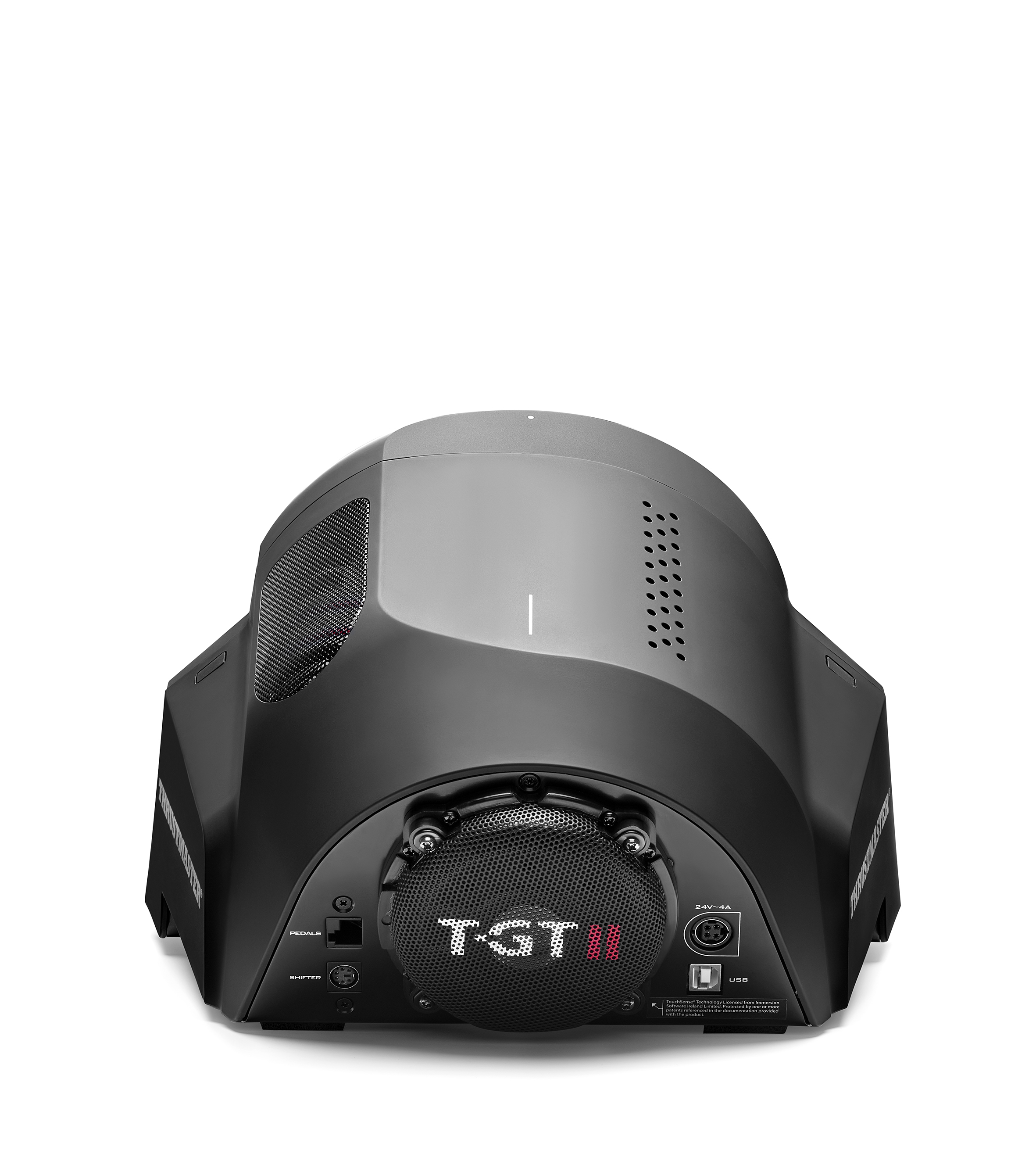 Base del volante da corsa nera, vista frontale. Testo T-GT II e varie porte.
