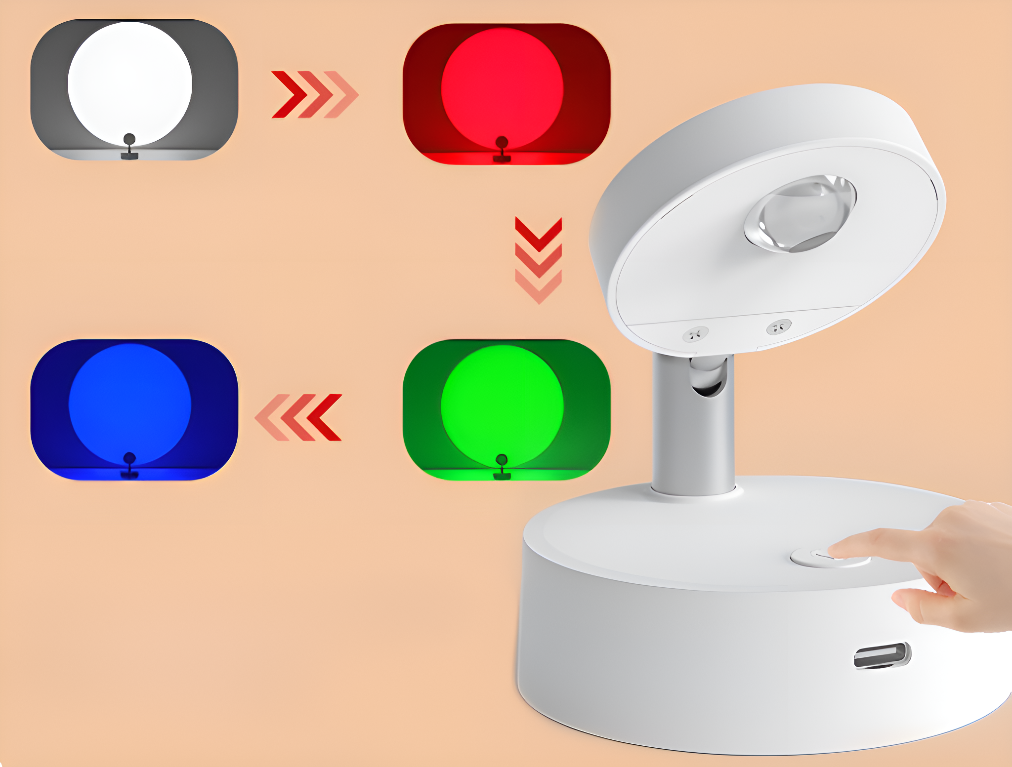 Weiße Lampe, Licht wechselt von Weiß zu Rot, Grün, Blau.
