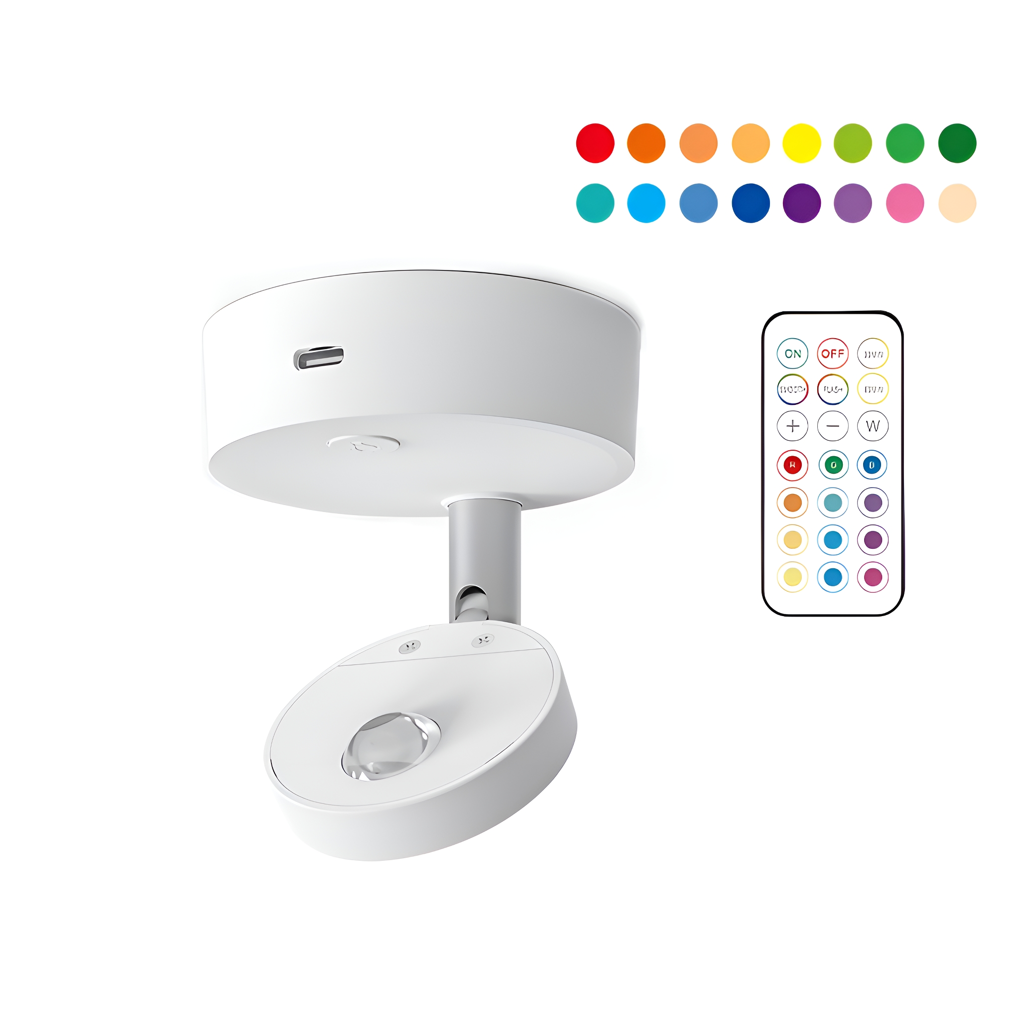 Weißer LED-Schienenstrahler und Fernbedienung. Farben werden oben rechts gezeigt.