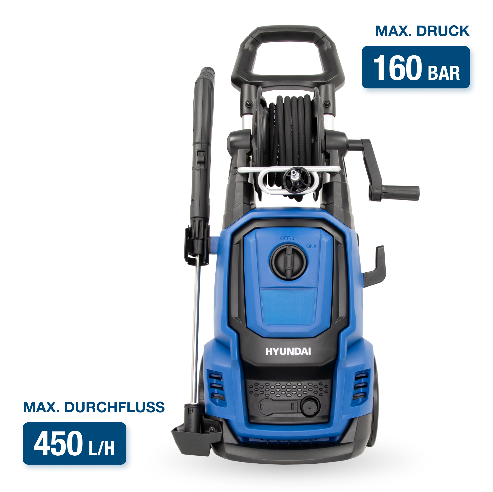 Ein blau-schwarzer Hochdruckreiniger mit Griff und Schlauchtrommel. Die Maschine hat ein schwarz-blaues Design.