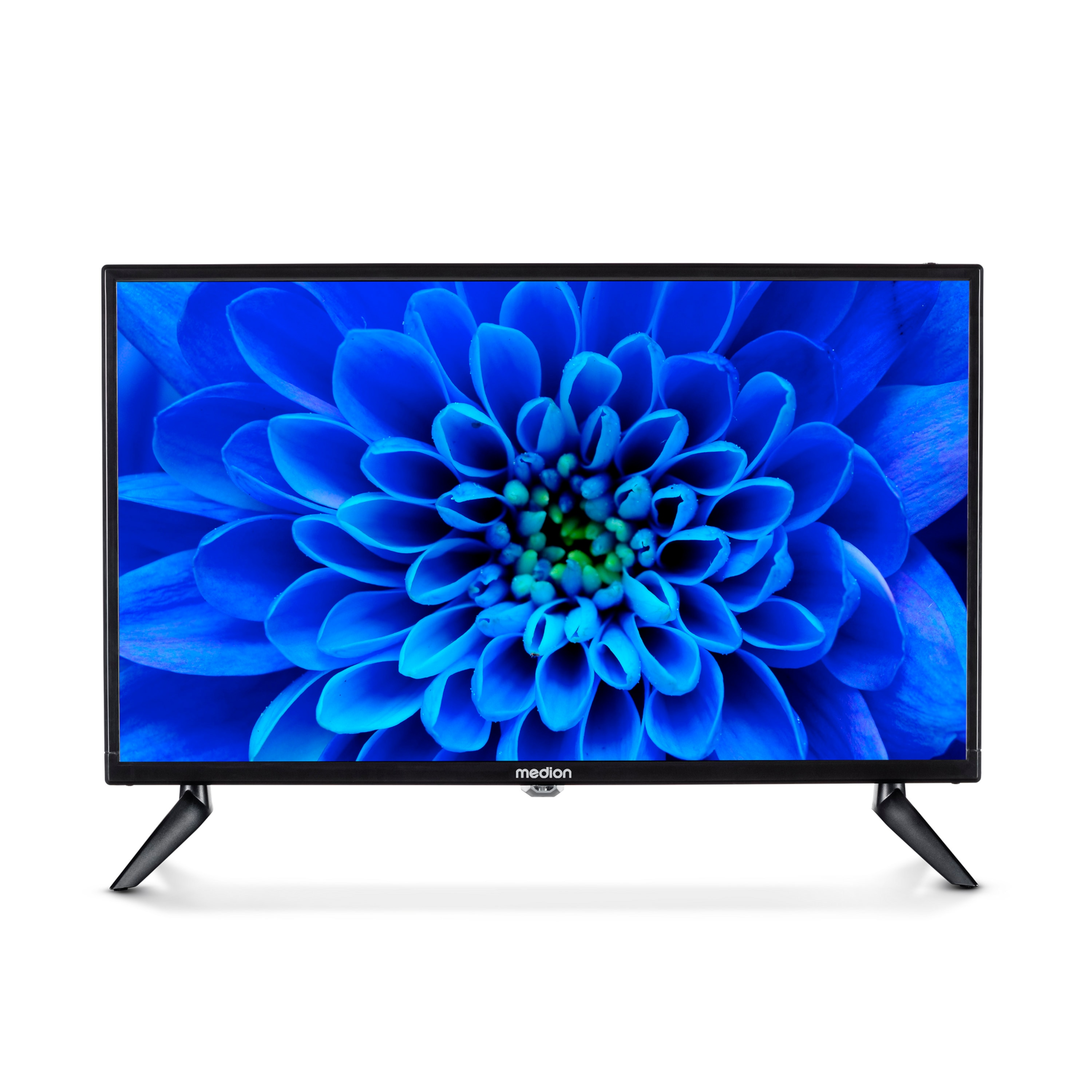 Een Medion tv met een blauwe bloemafbeelding op het scherm en zwarte poten.