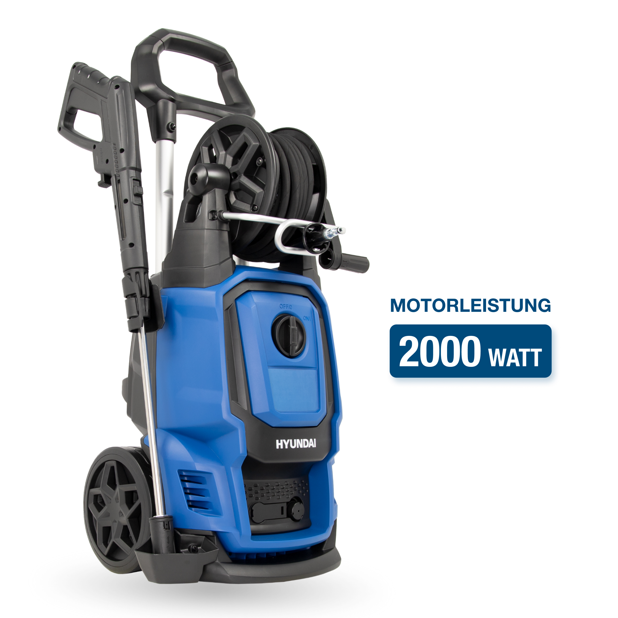 Blauer Hyundai Hochdruckreiniger mit einem 2000 Watt Motor.