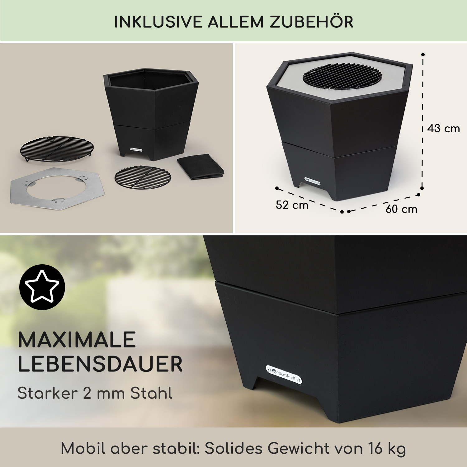 Eine schwarze sechseckige Feuerstelle mit Zubehör und angezeigten Abmessungen.