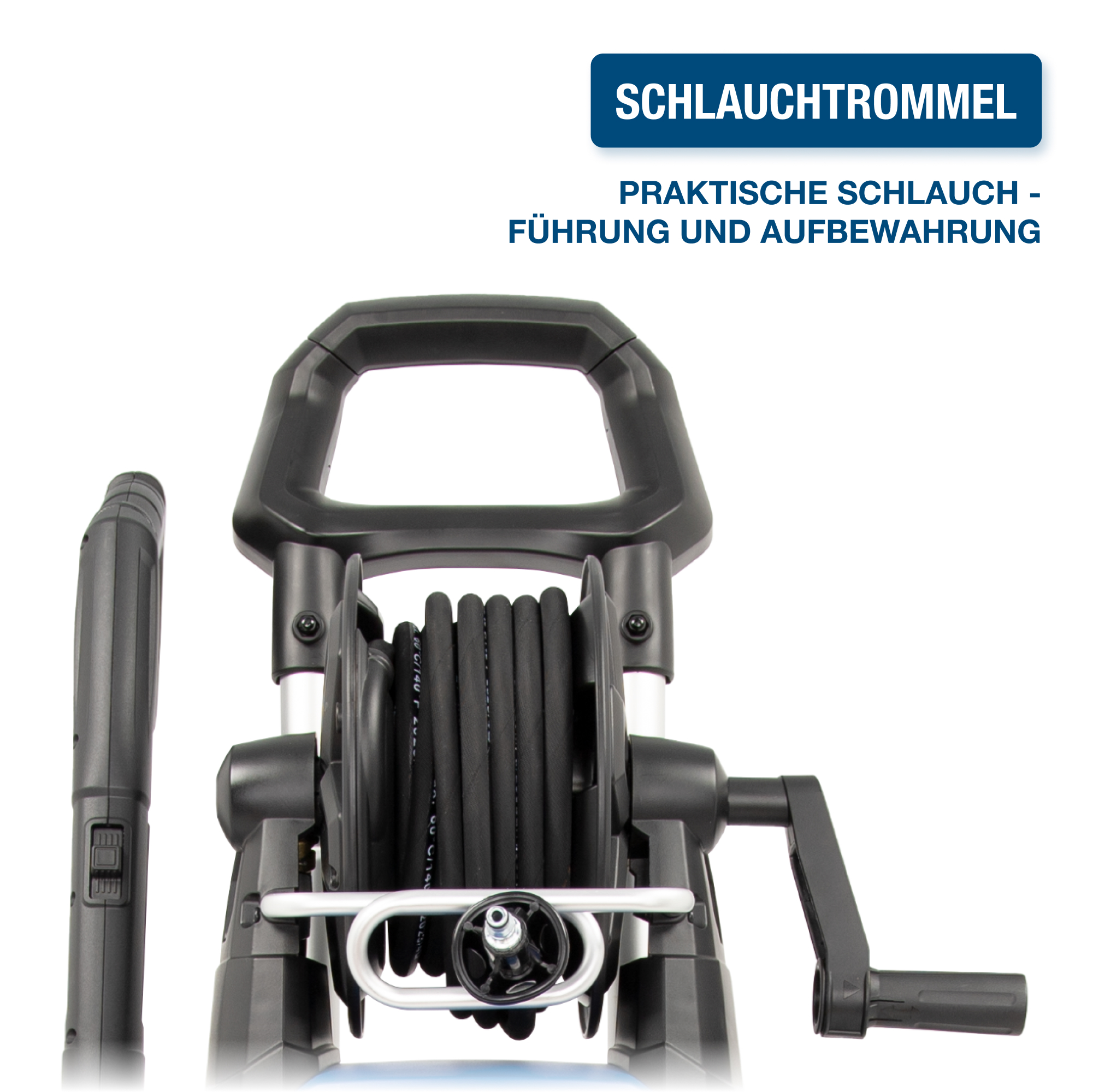 Schwarze Schlauchtrommel mit Text. Weißer Hintergrund.