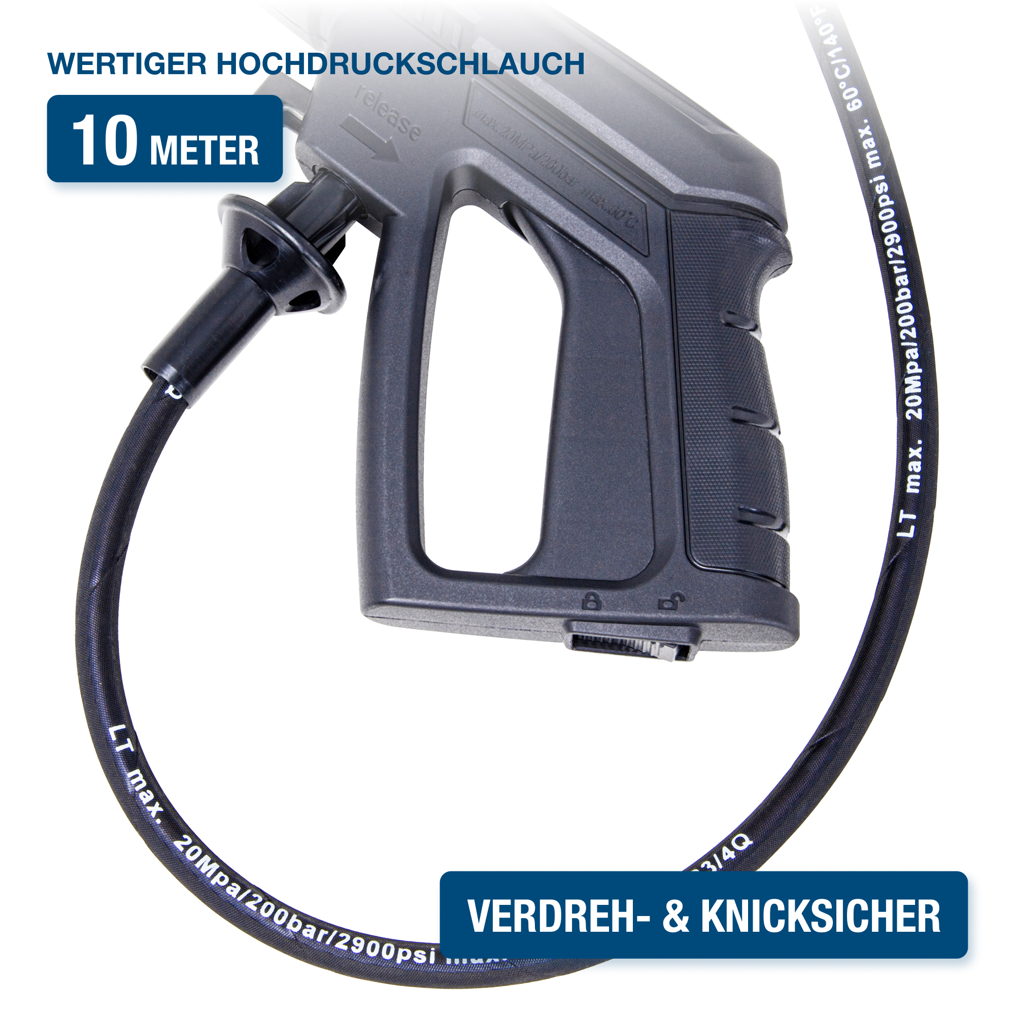 Ein Hochdruckschlauch mit schwarzem und grauem Griff und Text. Der Schlauch ist beschriftet.