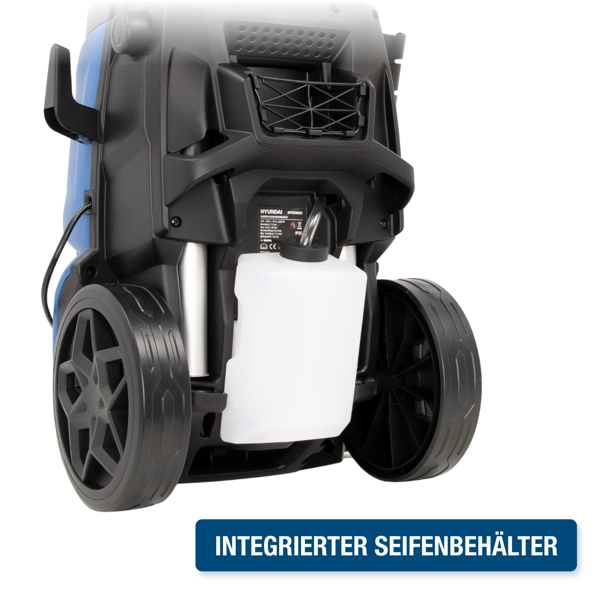Rückseite eines blau-schwarzen Hochdruckreinigers. Es hat Räder und einen Tank.