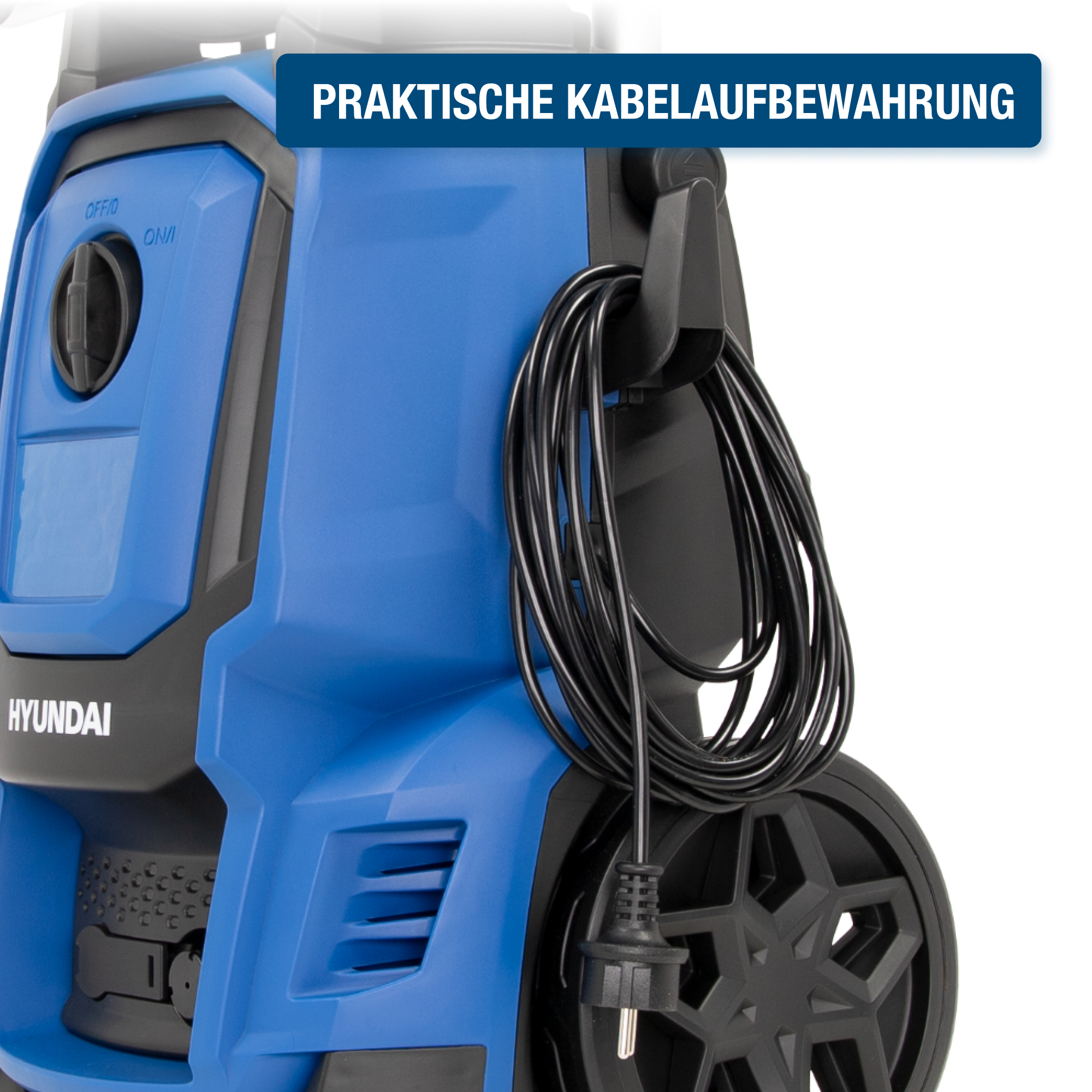 Blauer und schwarzer Hochdruckreiniger mit schwarzem Kabel und Schild.