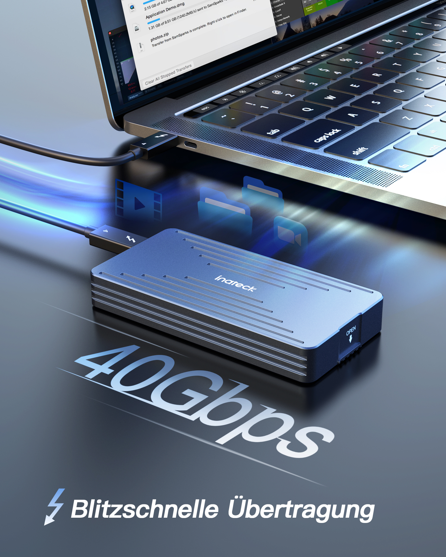 Laptop mit Festplatte. Text: 40 Gbit/s und Blitzschnelle Übertragung. Kabel verbunden.