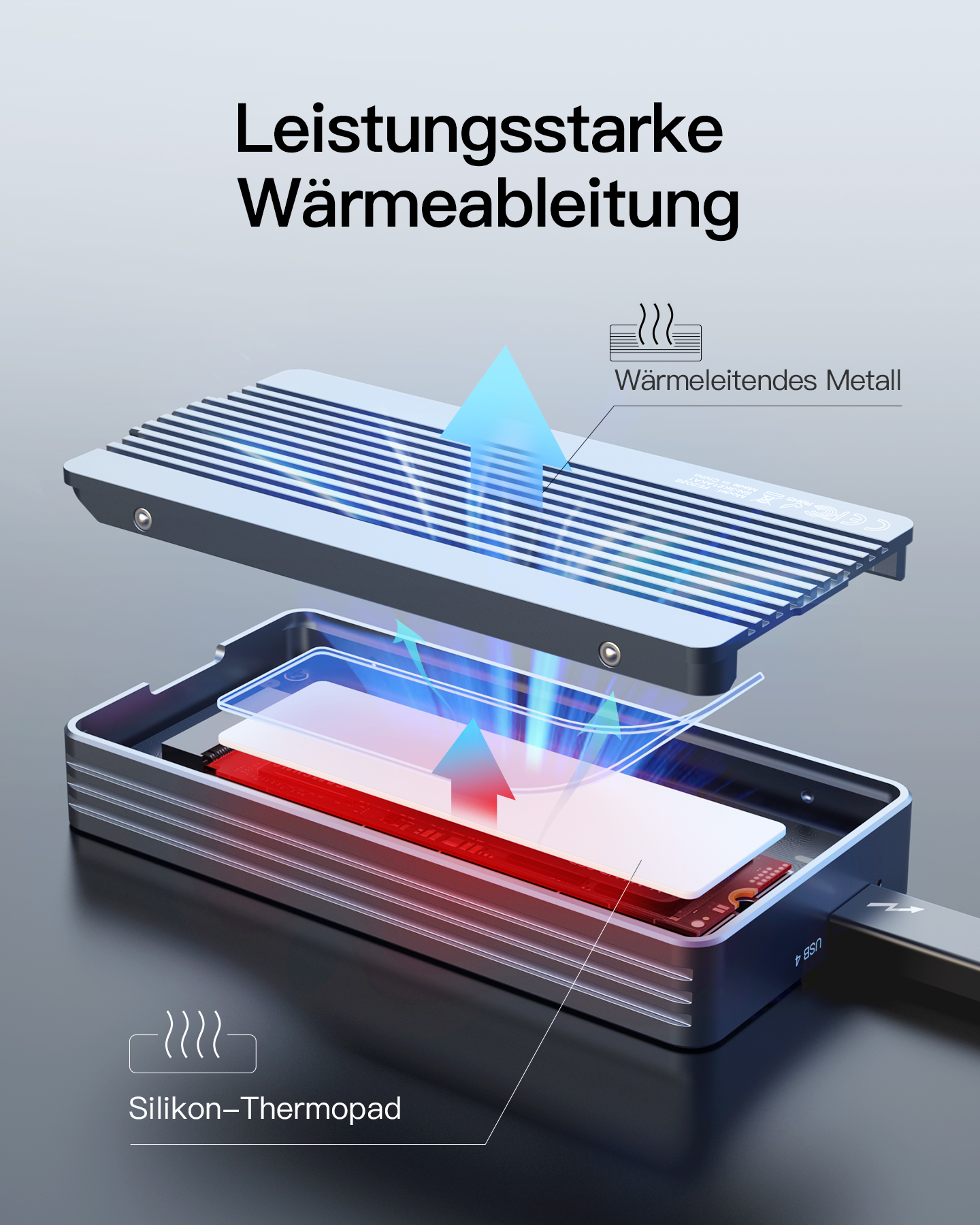 Silbernes und schwarzes SSD-Gehäuse, das Wärmeableitung, Silikon-Thermopad und Metall zeigt.