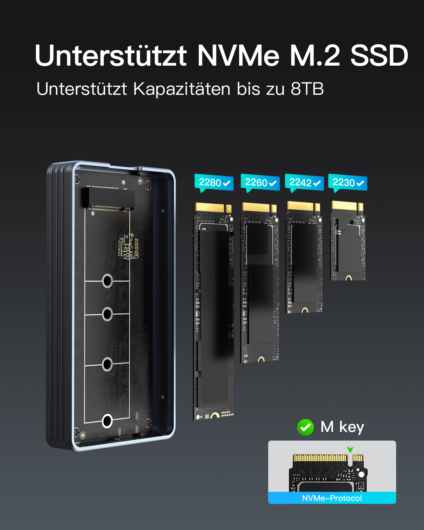 Geöffnete schwarze NVMe M.2 SSD-Hülle mit SSDs und Text zu Kompatibilität und Größen.