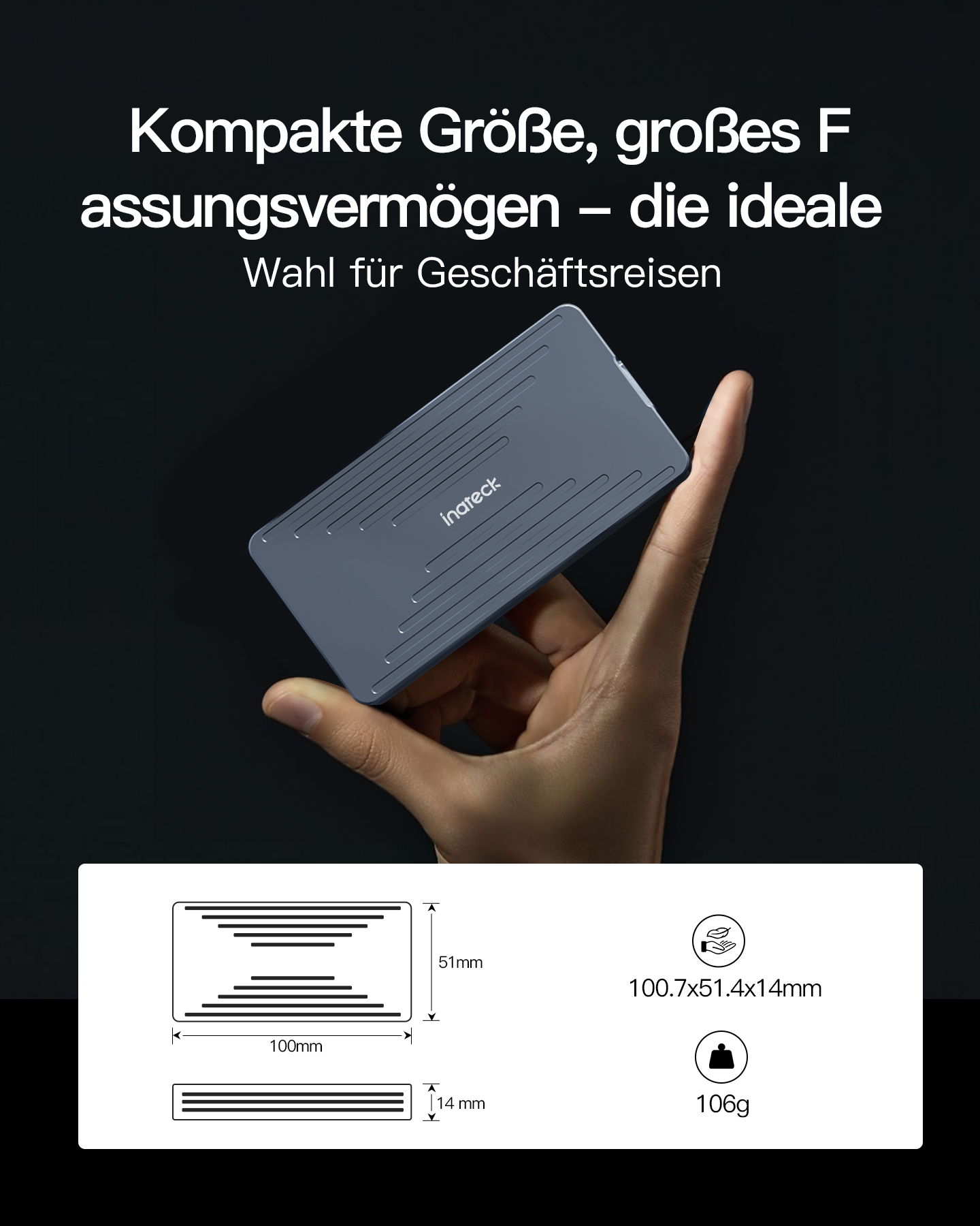 Eine Hand hält ein rechteckiges, graues Inateck-Gerät. Text und Abmessungen werden angezeigt.