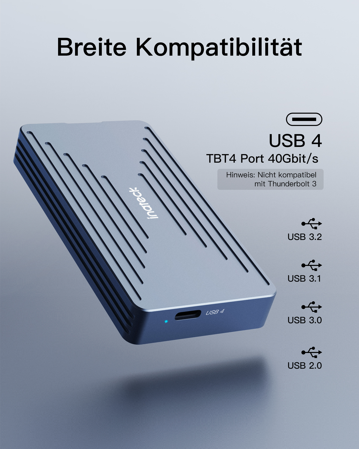 Ein silbernes und graues USB 4 Gerät mit mehreren USB-Anschlüssen und Beschriftungen.