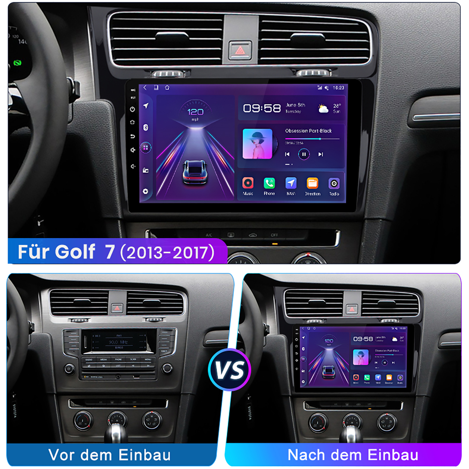 Autoradio-Vergleich vor und nach dem Einbau, Golf 7 Modell.