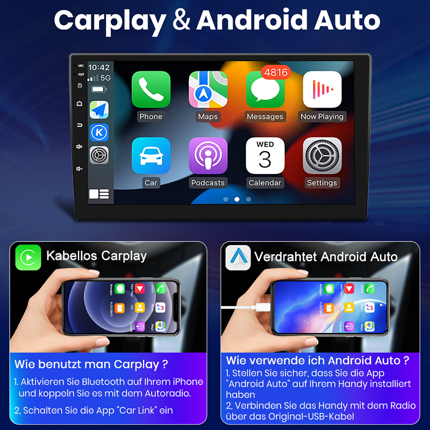 Carplay- und Android Auto-Anzeige. Zwei Telefone gezeigt, eines kabelgebunden, eines drahtlos. Weißer Hintergrund.
