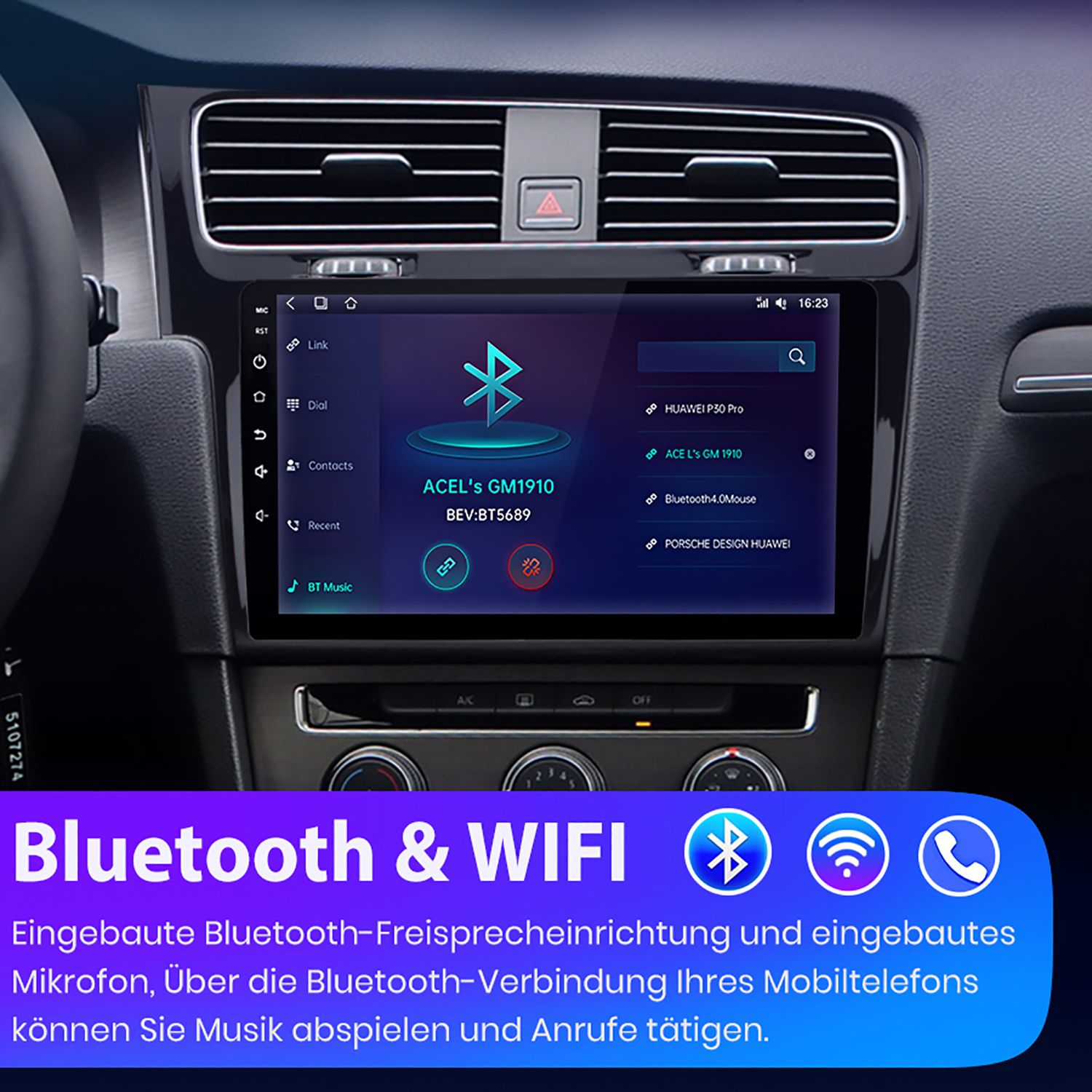 Armaturenbrett des Autos mit einem Bildschirm mit Bluetooth- und WLAN-Symbolen. Der Bildschirm zeigt eine Karte.