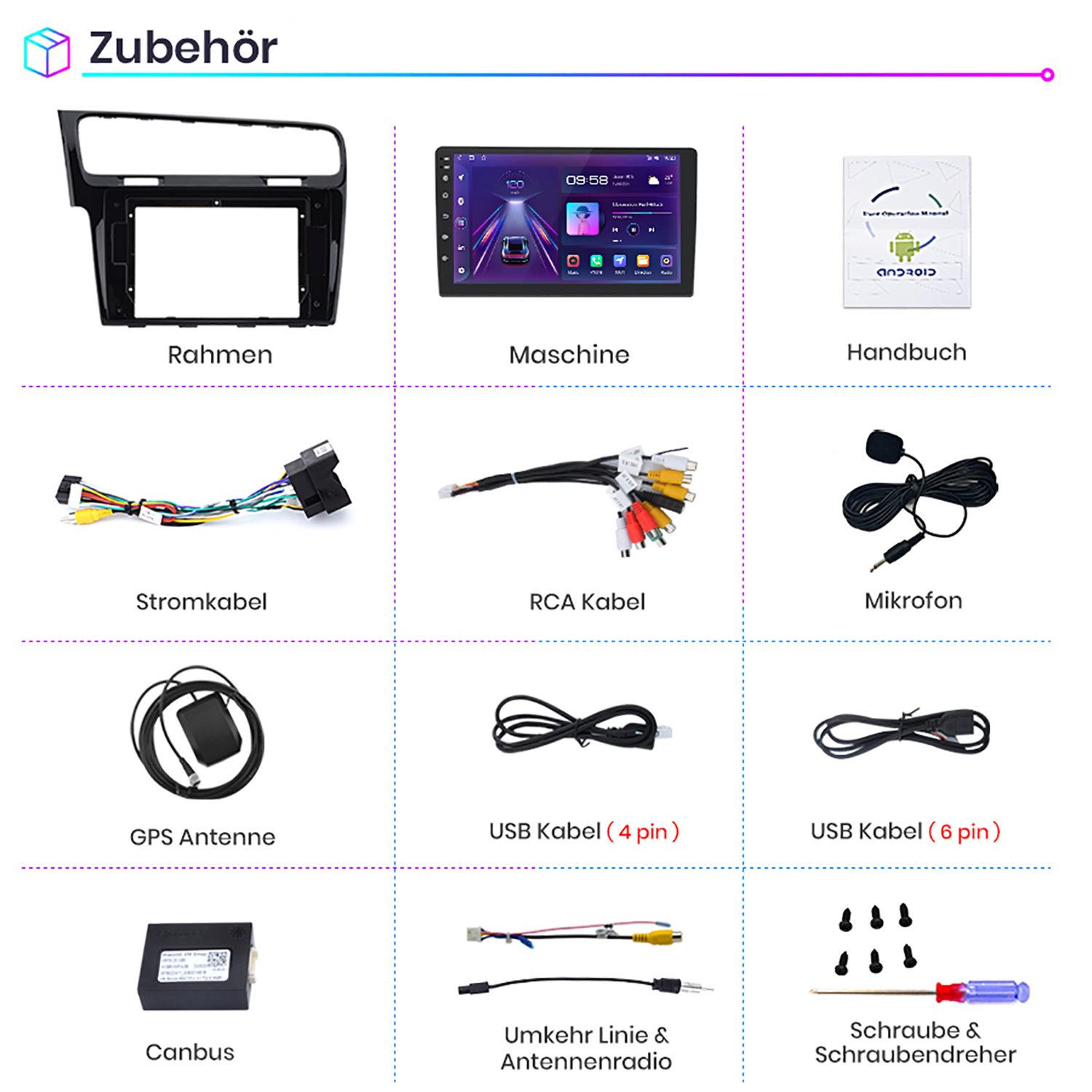 Verschiedenes Auto-Audio-Zubehör, einschließlich Headunit und Kabel.
