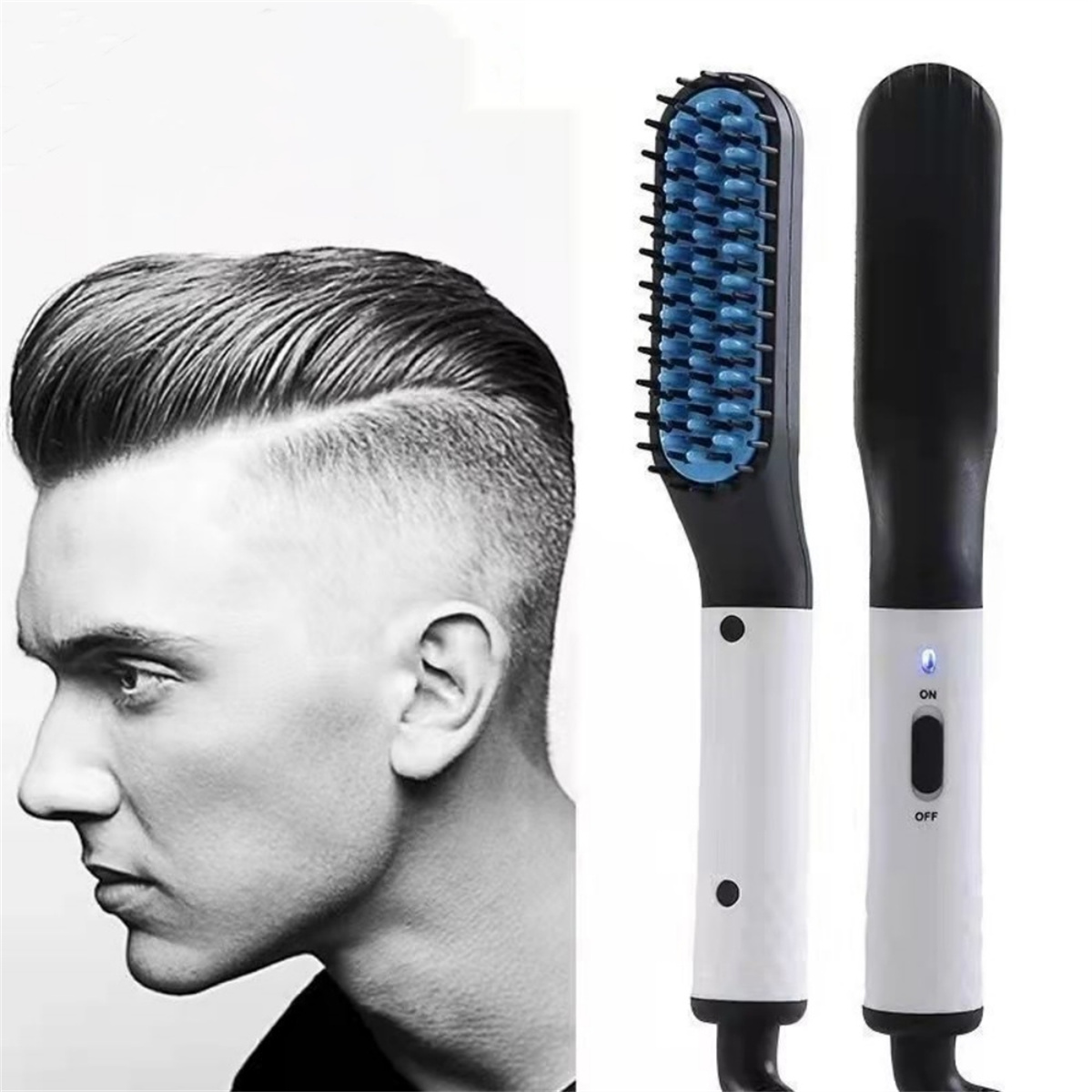 Profil eines Mannes mit Frisur. Ein schwarz-weißer Haarglätter liegt daneben.