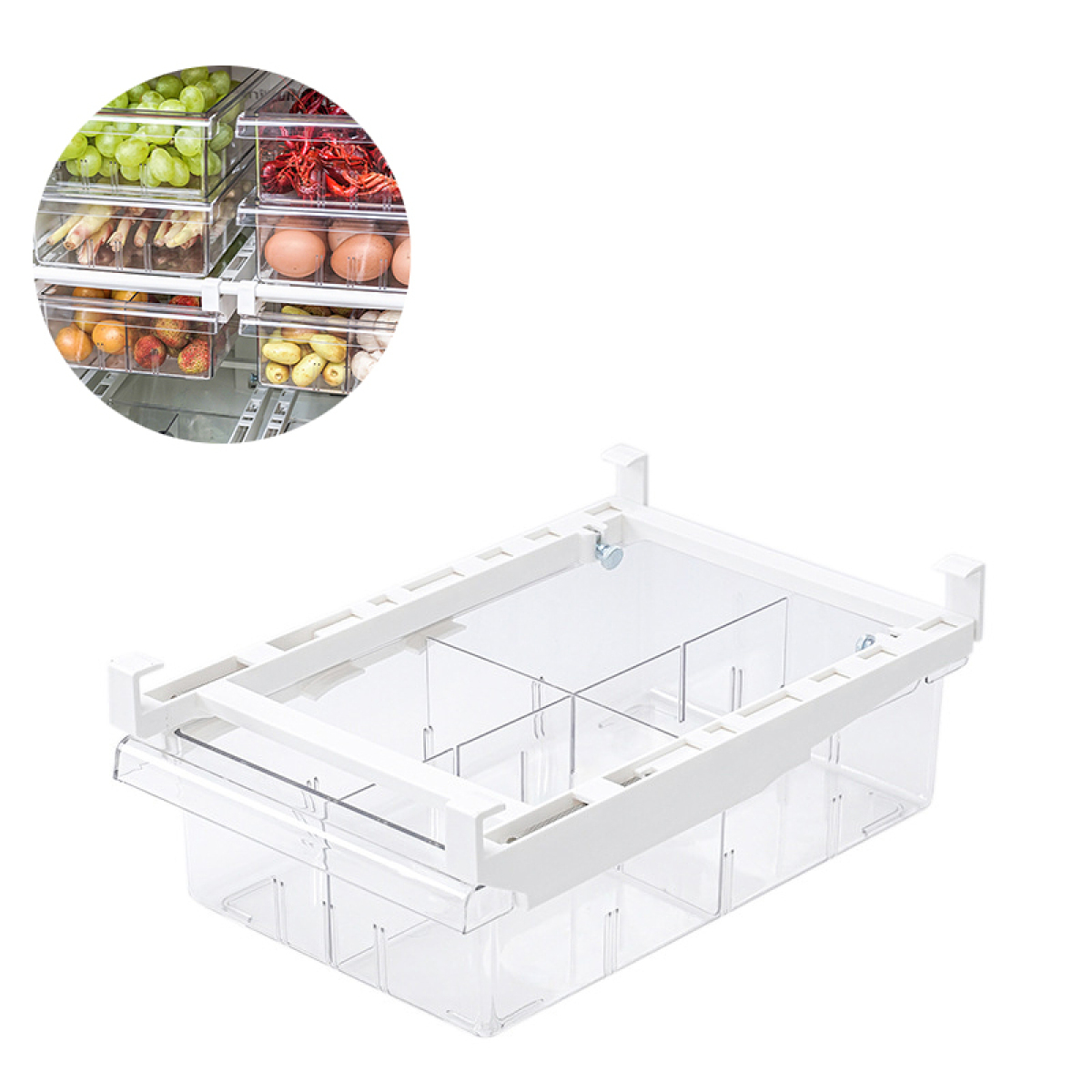 Transparenter Kühlschrank-Organizer mit Trennwänden, Lebensmittel, Bild im Einsatz.