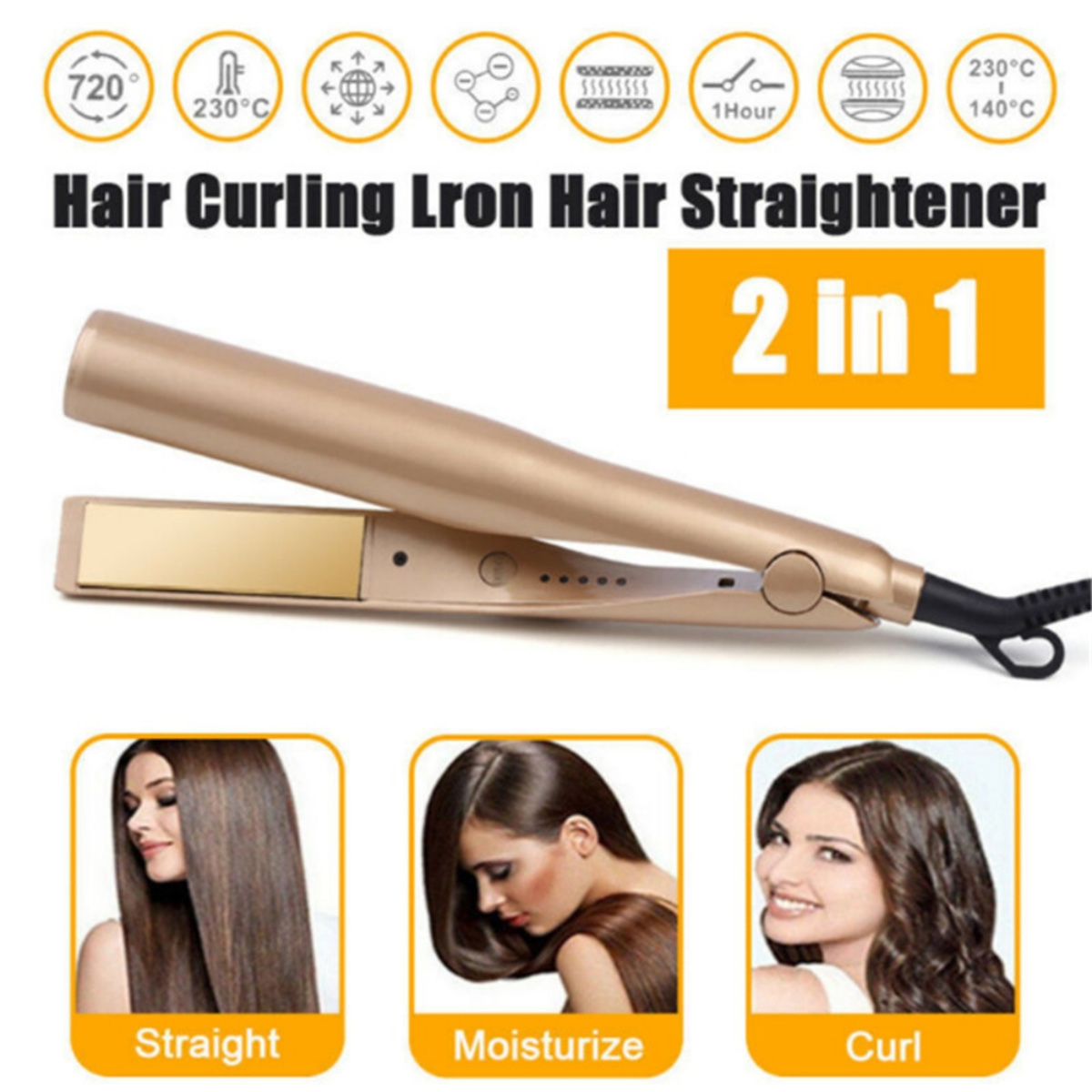 Ein goldfarbener Haarglätter mit Symbolen und Bildern, die das Glätten der Haare veranschaulichen. Drei Frauen zeigen Haare.