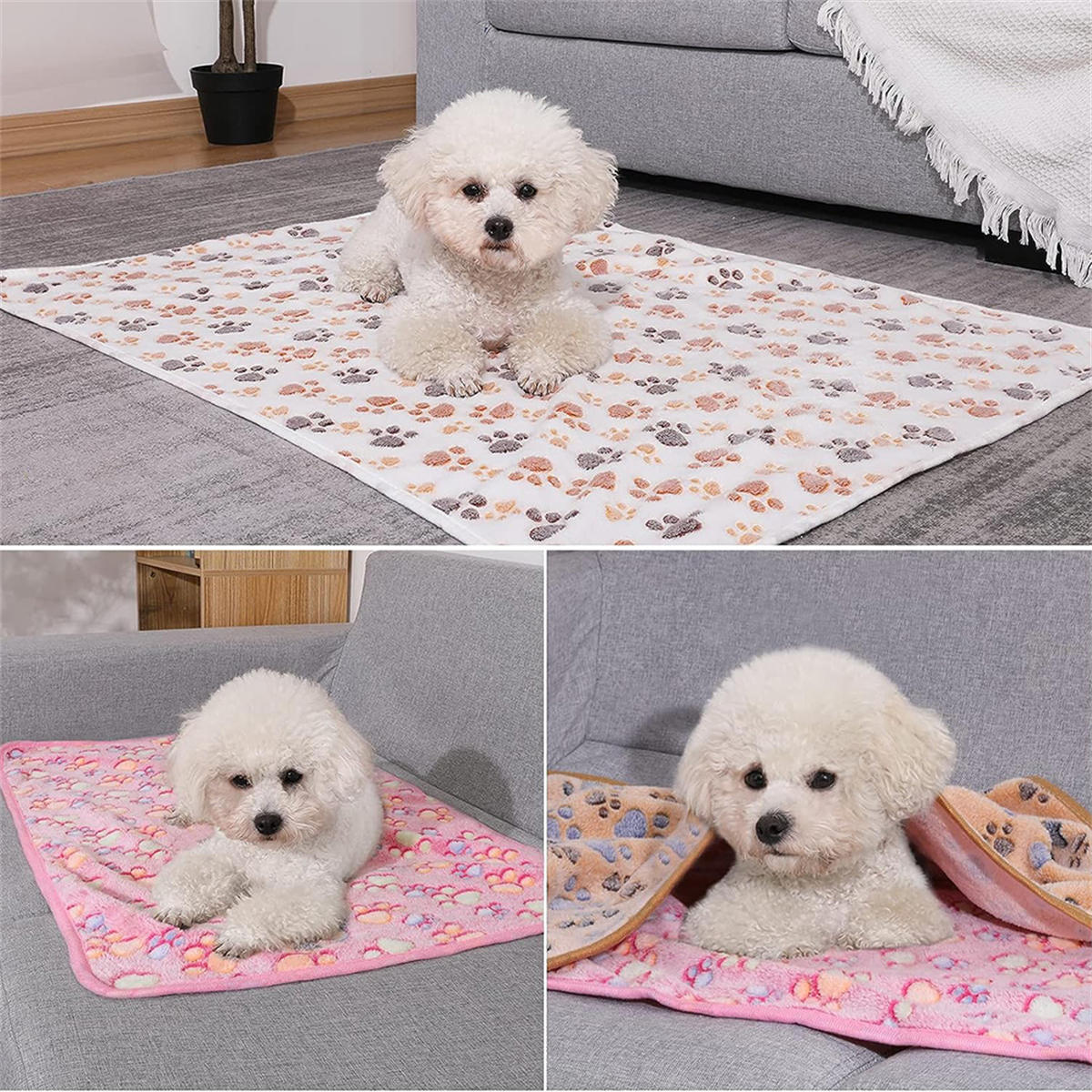 Drei Bilder mit einem weißen Hund, der auf Pfotenabdruckmatten auf Sofas liegt. Der Hund ist weiß mit lockigem Haar.