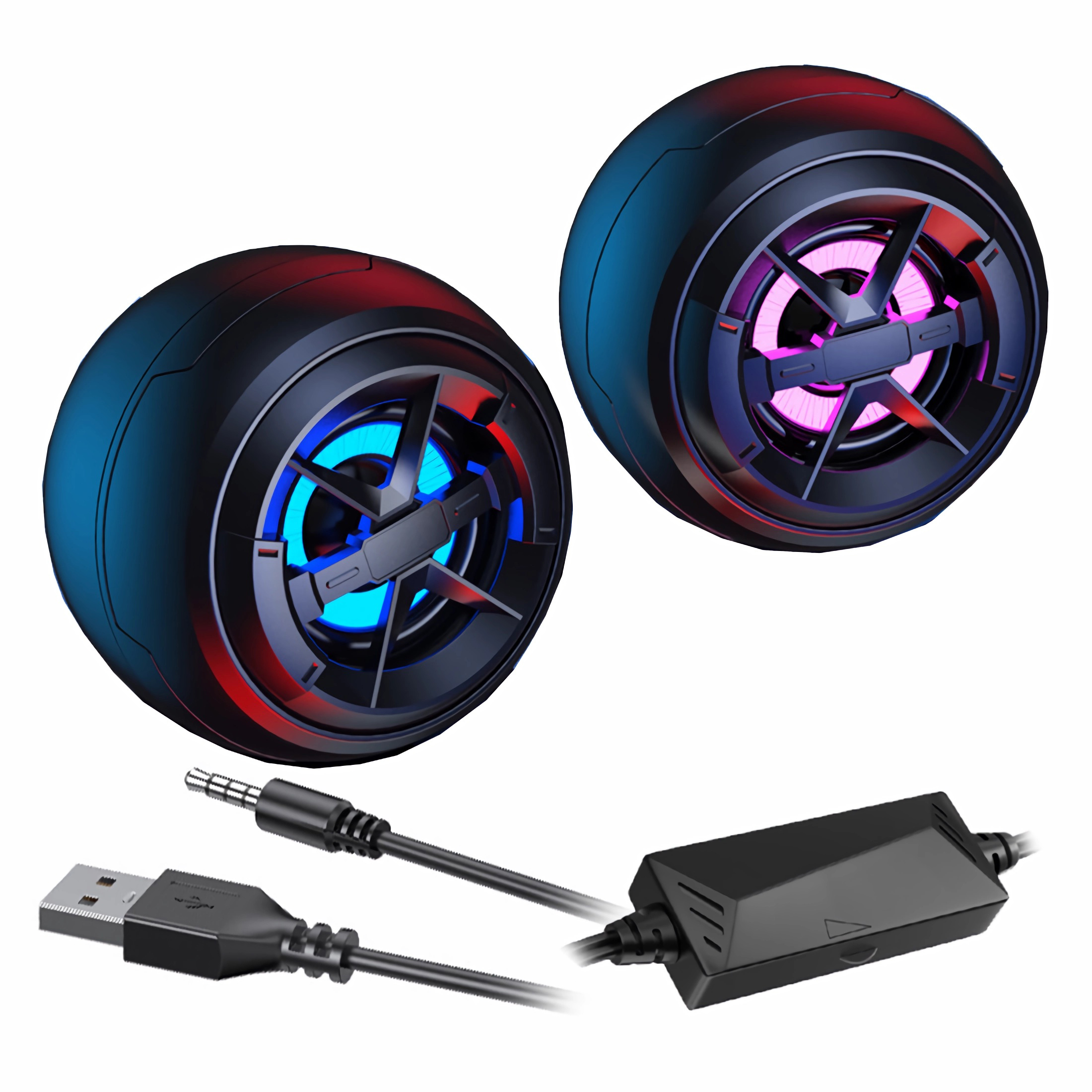 Zwei schwarze Lautsprecher mit farbigen Lichtern und einem USB-Kabel. Die Lautsprecher sehen aus wie Reifen.