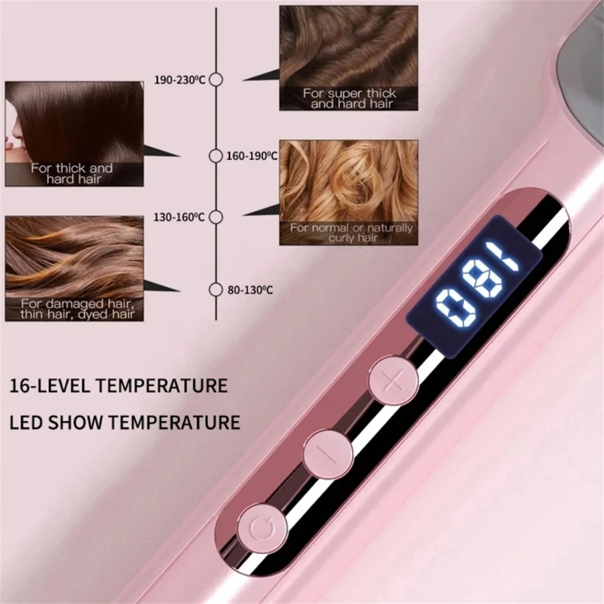 Rosa Haarglätter mit 16-stufiger Temperatureinstellung und LED-Anzeige.