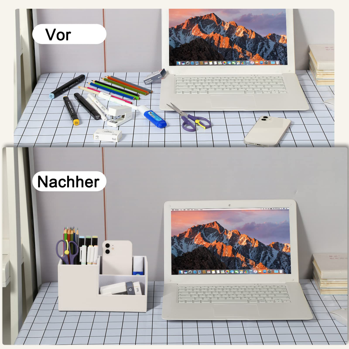 Vorher-Nachher: Ein unordentlicher Schreibtisch mit Zubehör und Laptop wird zu einem organisierten Arbeitsplatz.