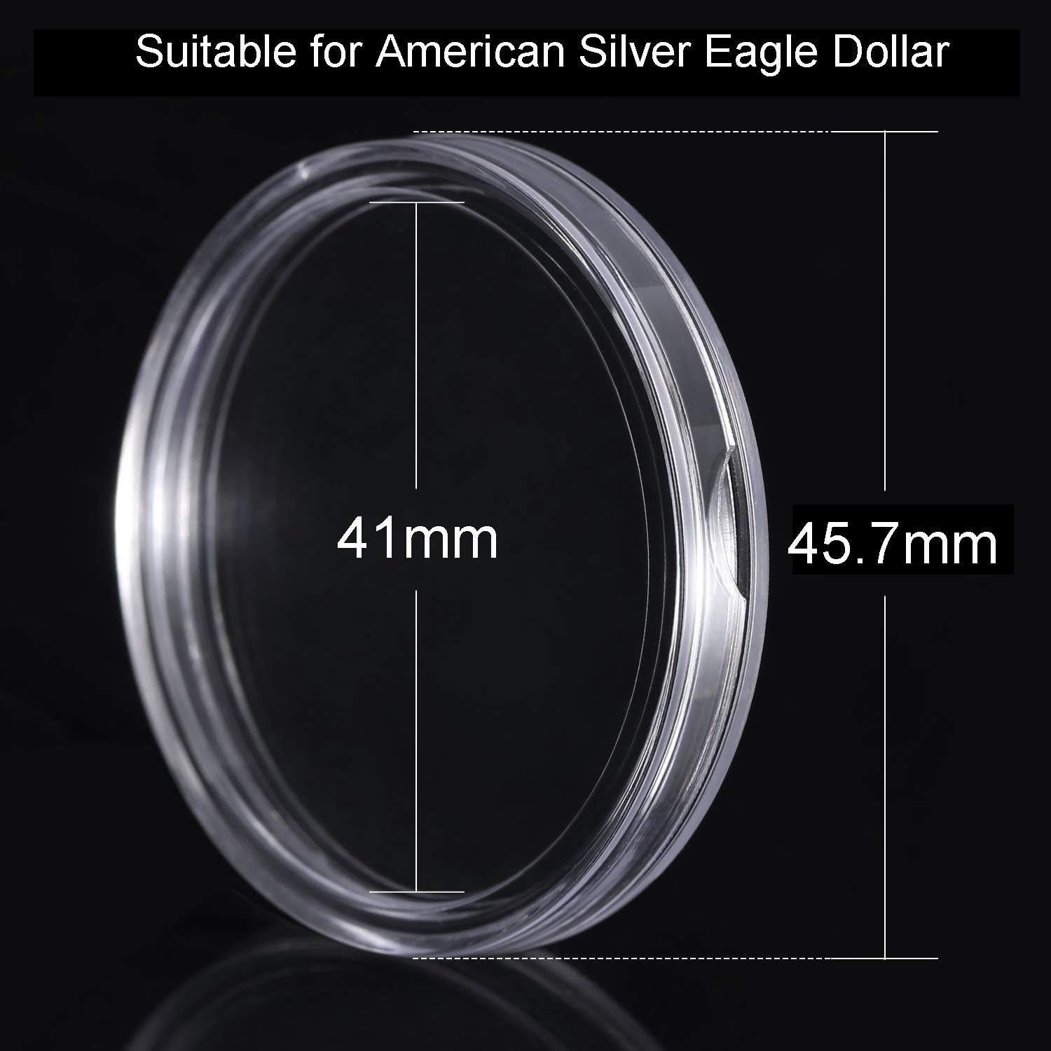 Ein klarer Münzhalter mit Messungen: 41 mm und 45,7 mm. Der Text lautet für eine Münze geeignet.