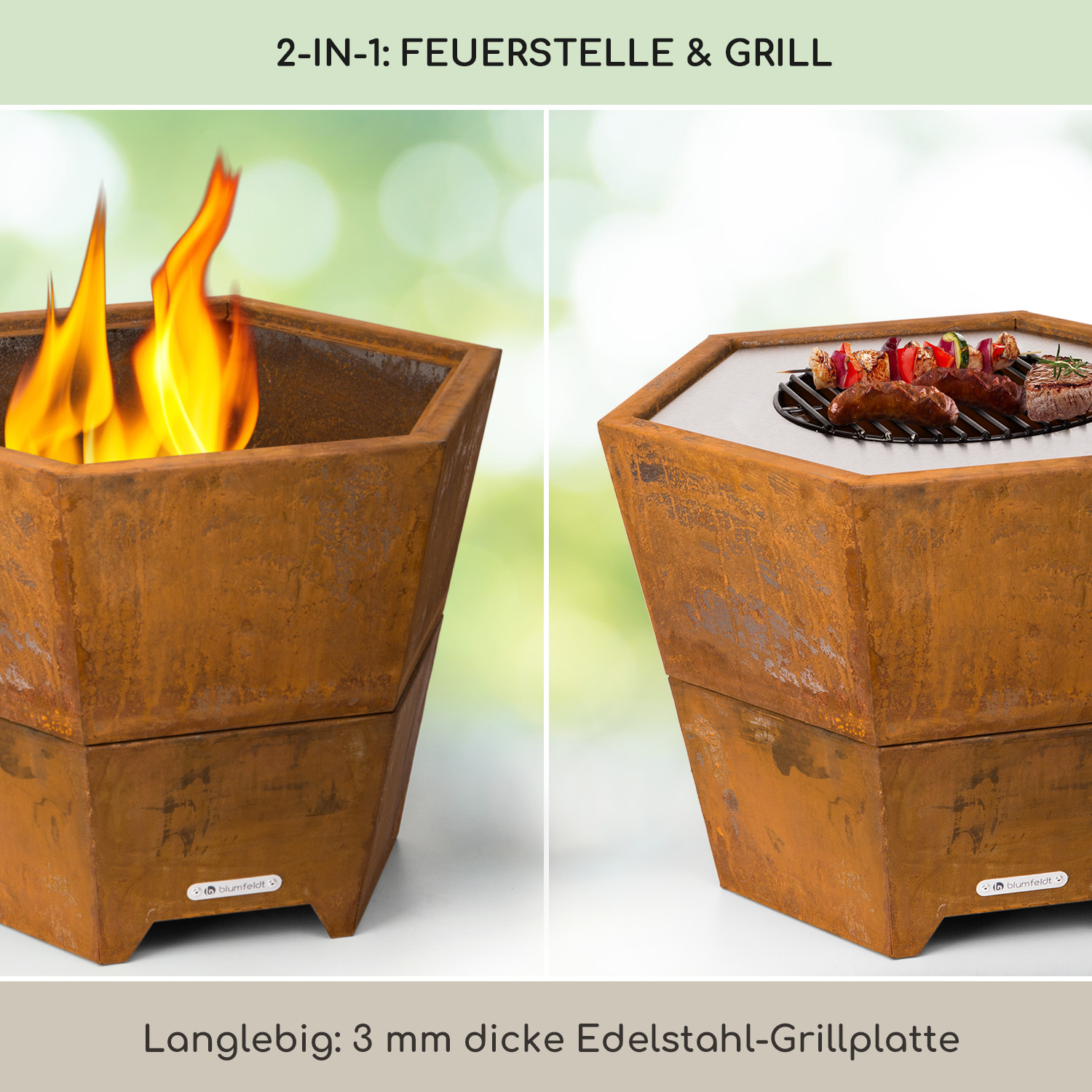 Sechseckige Feuerstelle und Grill, zeigt Flammen auf einer Seite und Grillgut auf der anderen.