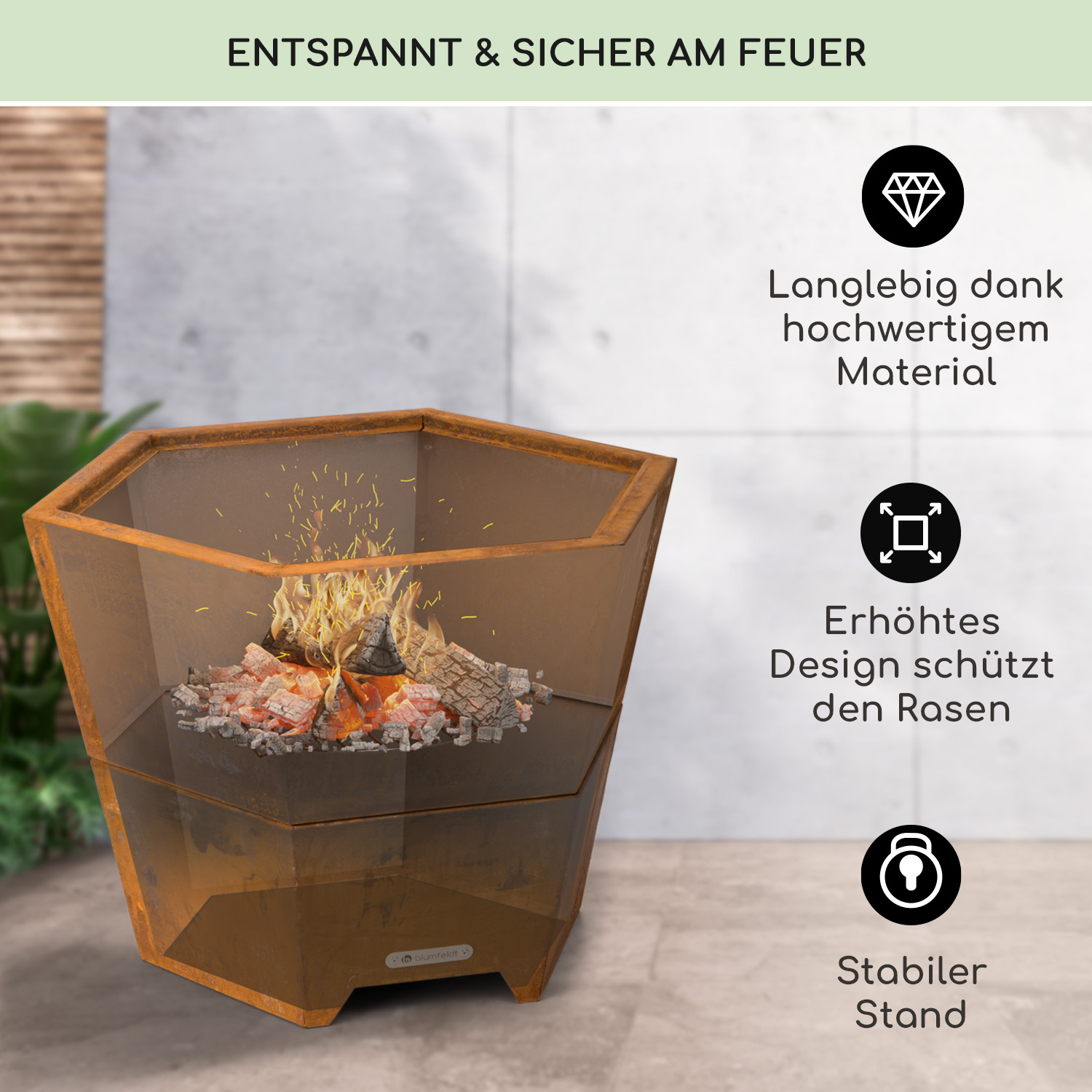 Sechseckige Feuerstelle mit brennendem Holz, umgeben von Textbeschriftungen und Symbolen.