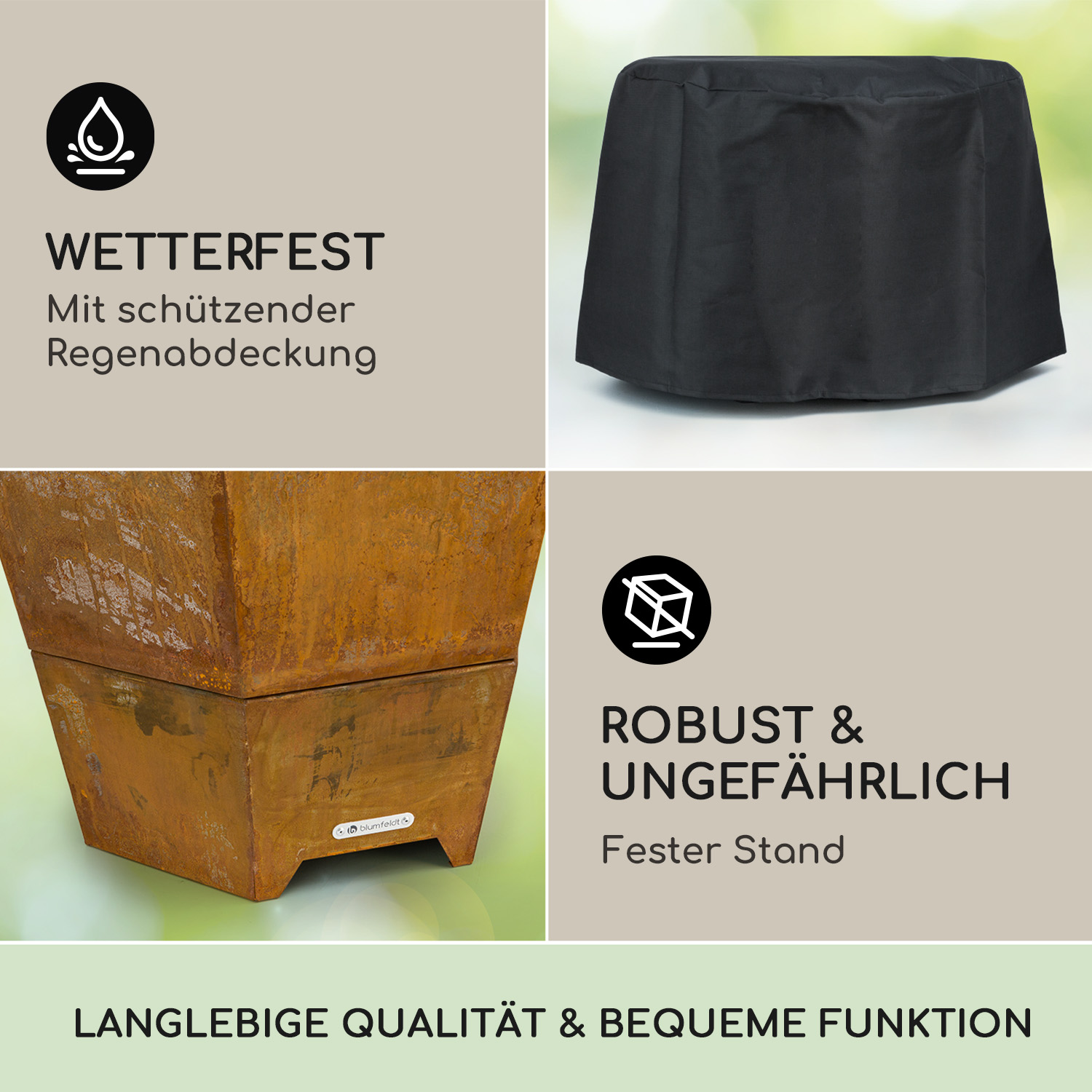 Das Bild zeigt eine schwarze Abdeckung, einen rostig aussehenden quadratischen Pflanzkübel und Text.