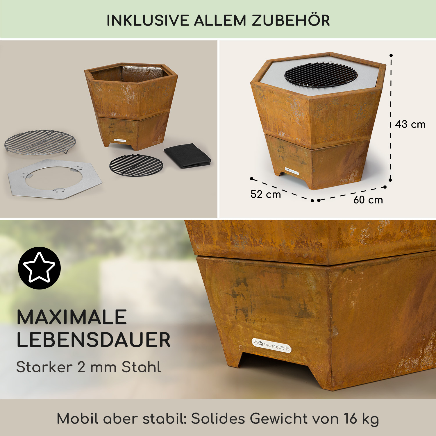 Sechseckige Feuerstelle aus rostigem Metall mit Zubehör. Die Grube hat einen Grill, Maße gezeigt.