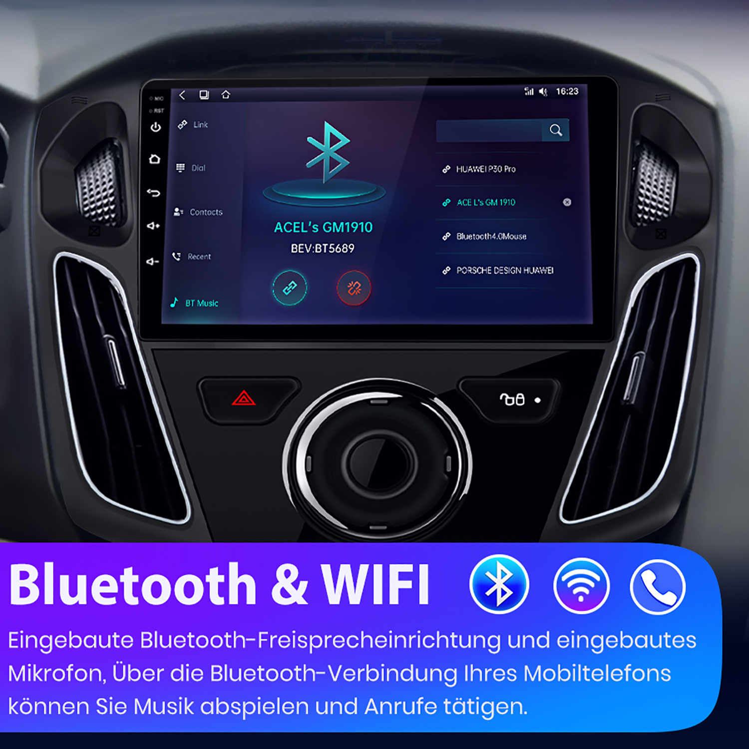 Auto-Infotainment-Bildschirm mit Bluetooth-Einstellungen. Text in verschiedenen Sprachen.