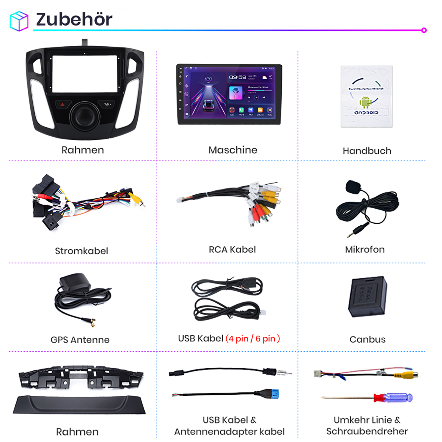 Autoradio-Zubehör einschließlich Rahmen, Kabel, Mikrofon, Antenne und Werkzeuge auf Weiß.
