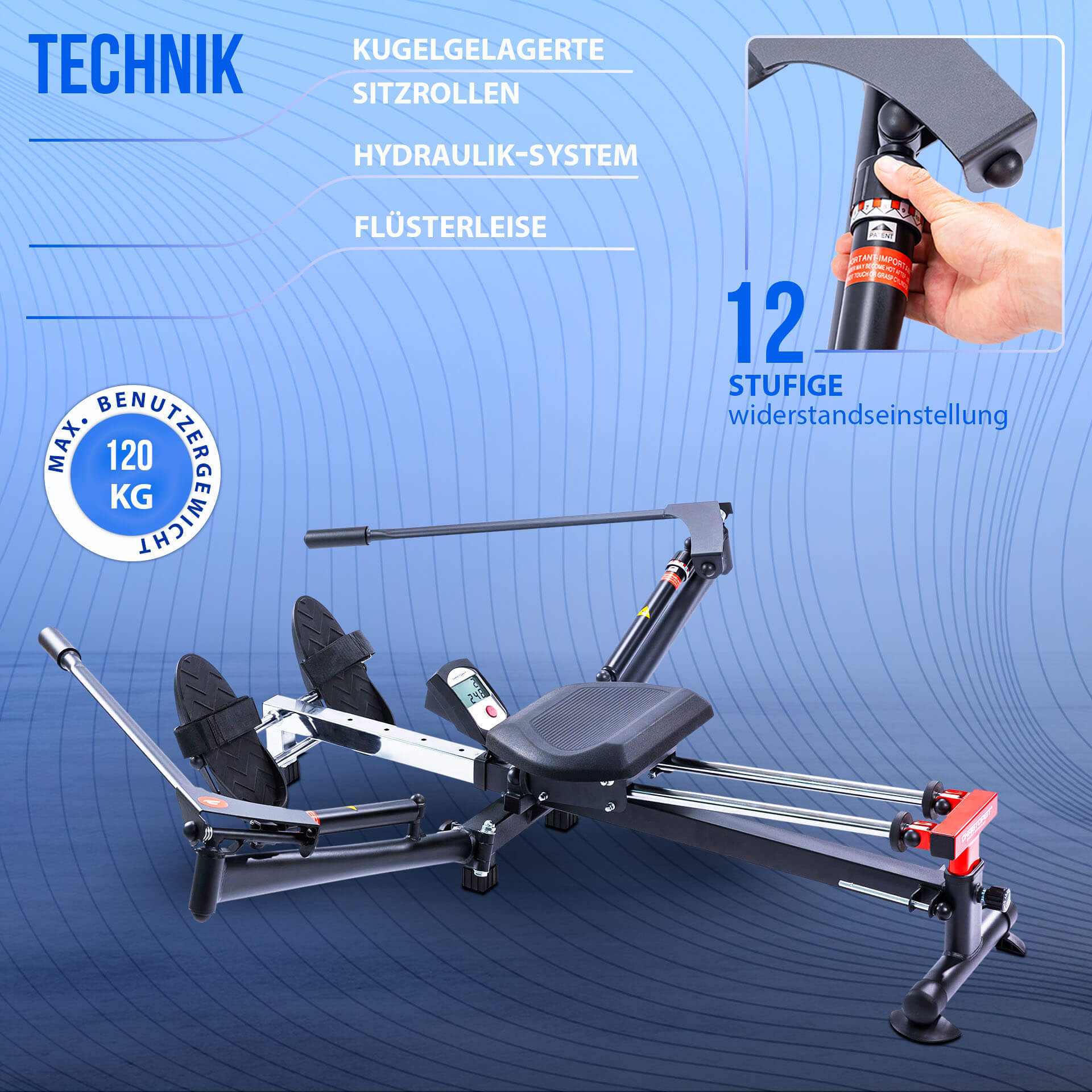 Rudergerät mit Text, der Merkmale wie Lager, Hydraulik und 12 Widerstandsstufen beschreibt.