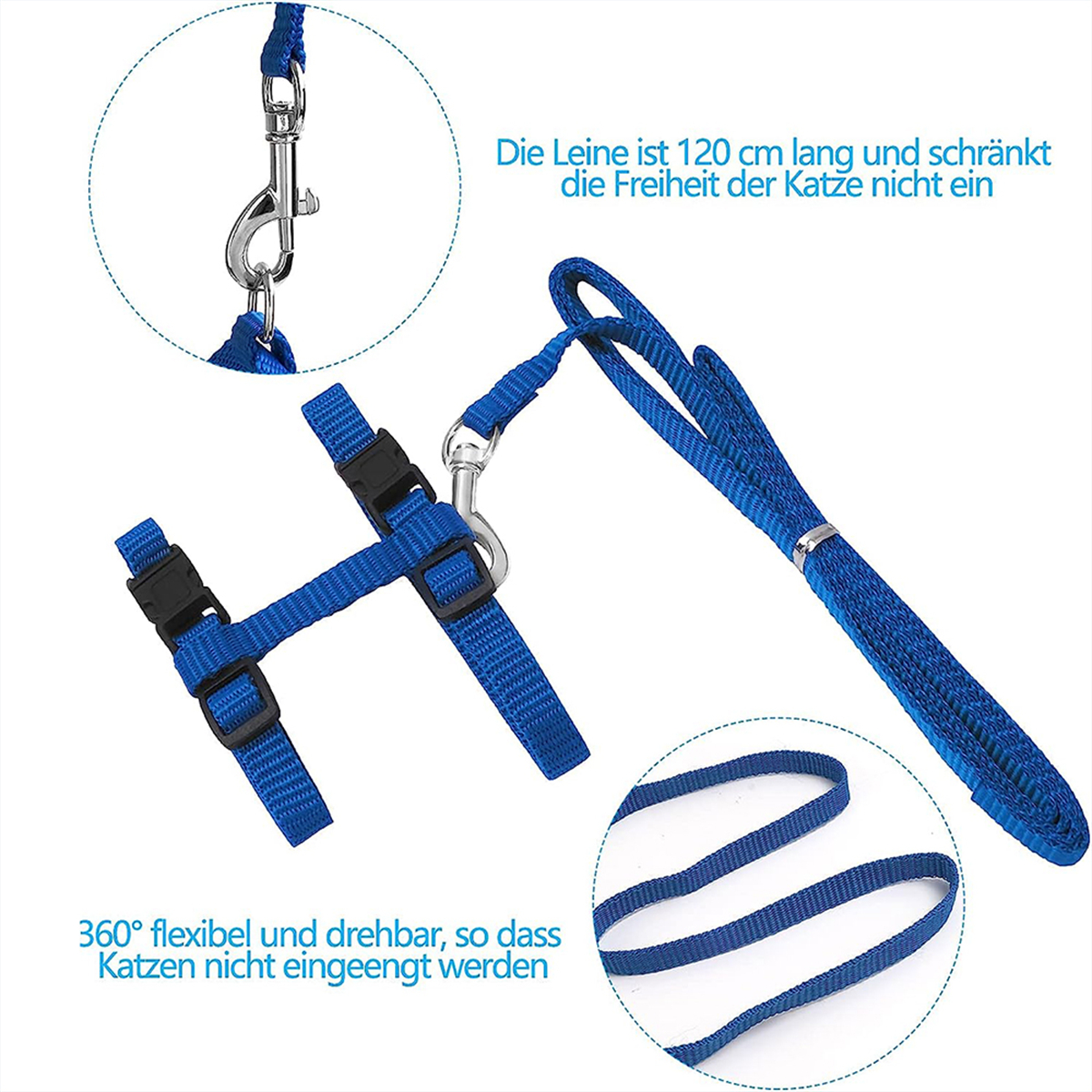 Blaues Katzengeschirr und Leinen-Set, Text zeigt Leinenlänge und Flexibilität.