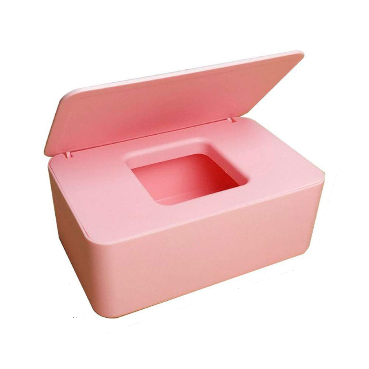 Eine rosa Taschentuchbox mit offenem Deckel. Die Box hat eine rechteckige Form und ein glattes Finish.