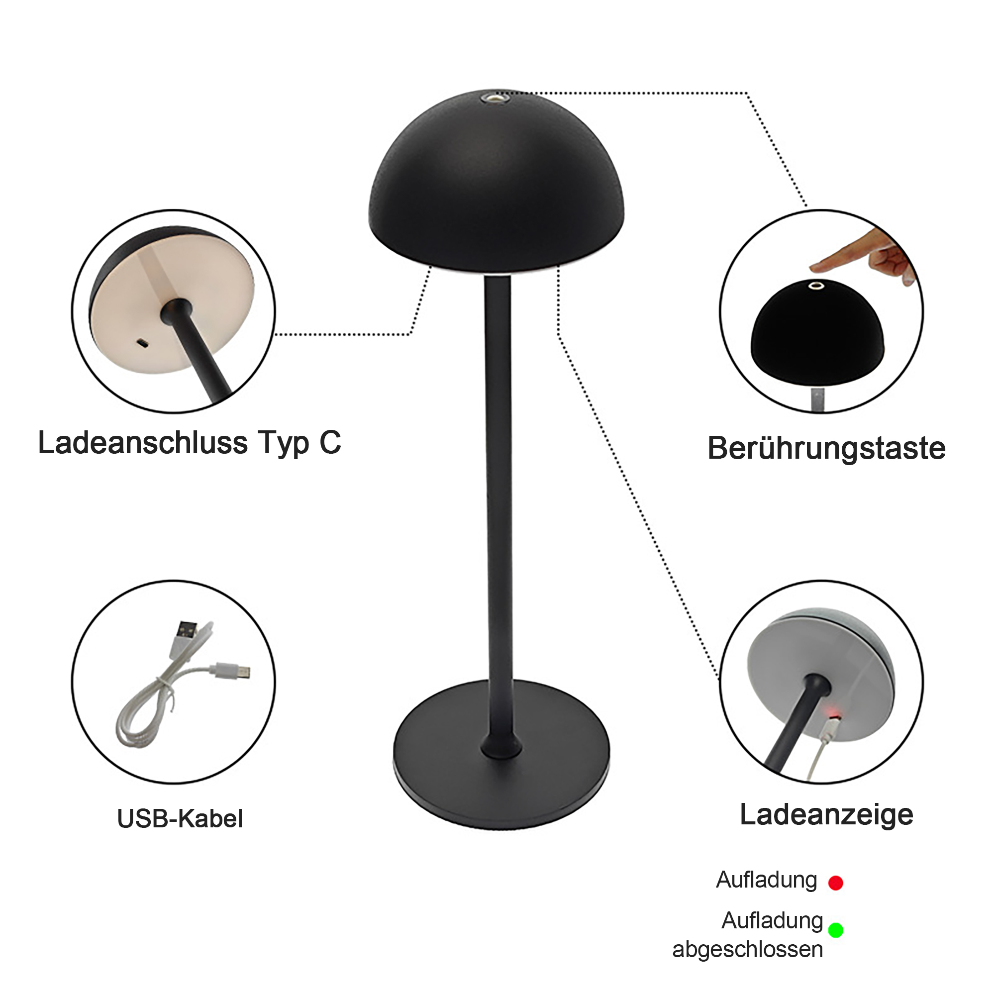 Schwarze Schreibtischlampe mit gewölbter Oberseite und kreisförmigem Sockel, mit beschrifteten Komponenten.
