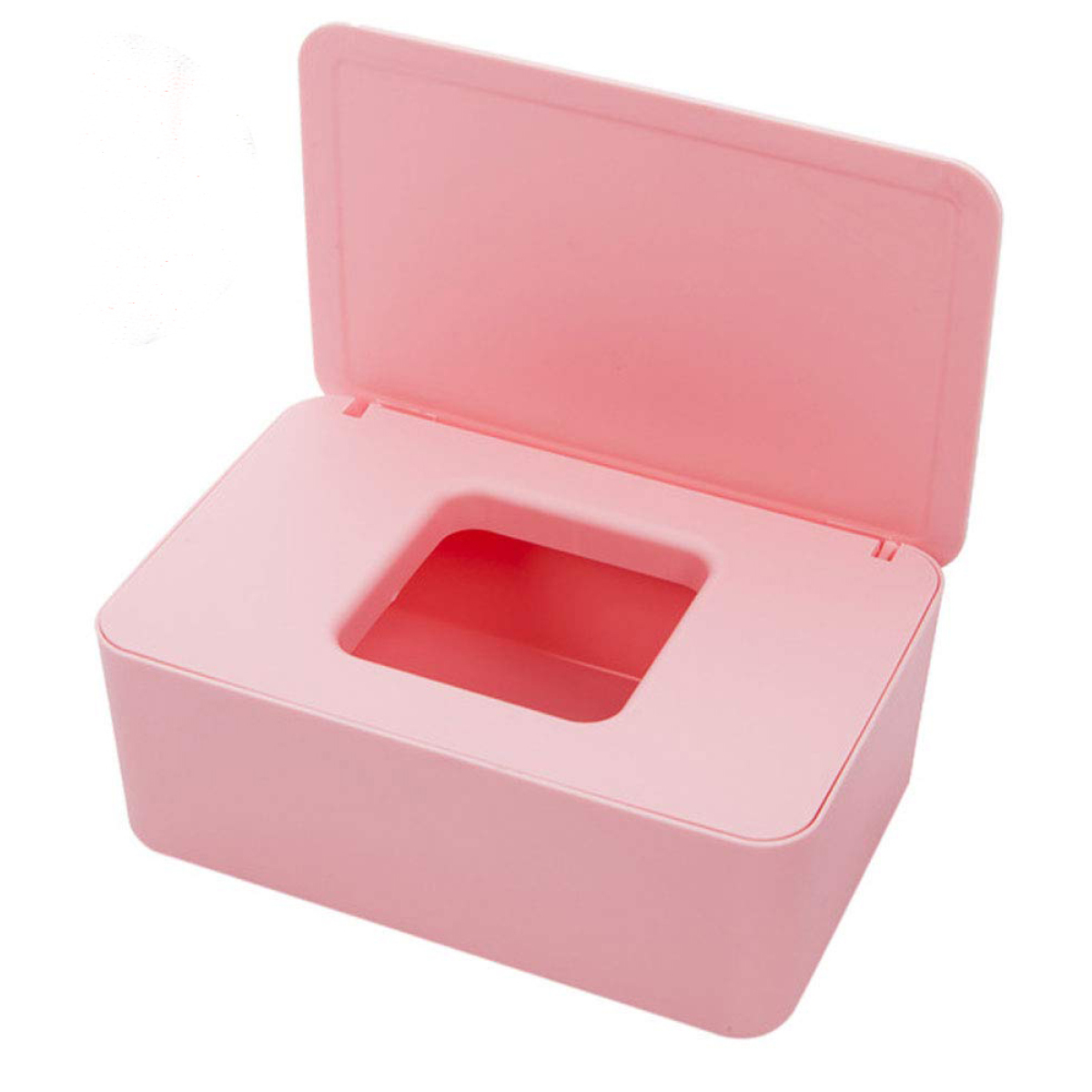 Rosa Taschentuchbox mit offenem Deckel, zeigt eine quadratische Öffnung.