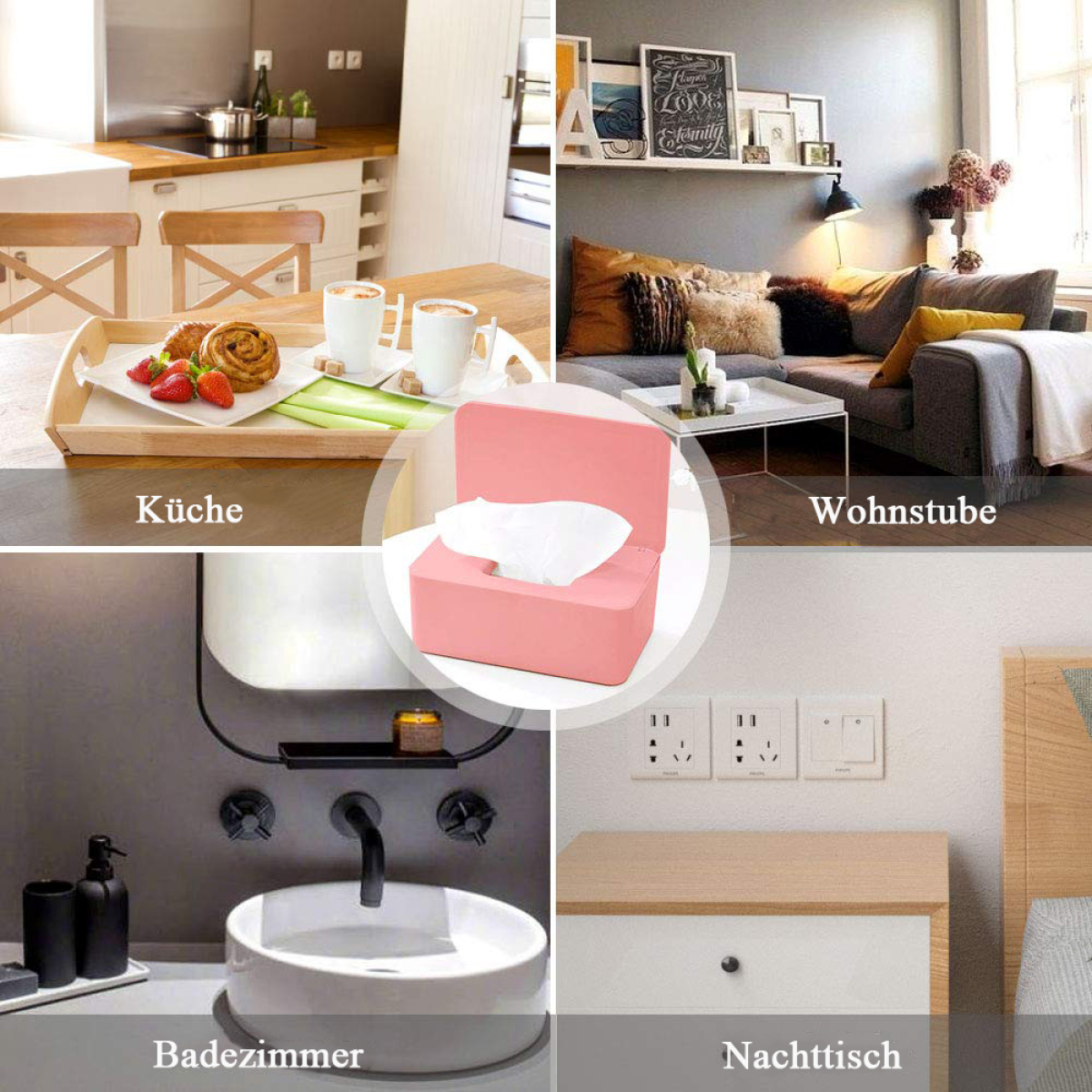 Collage von Räumen: Küche, Wohnzimmer, Badezimmer und Nachttisch mit Textlabels.