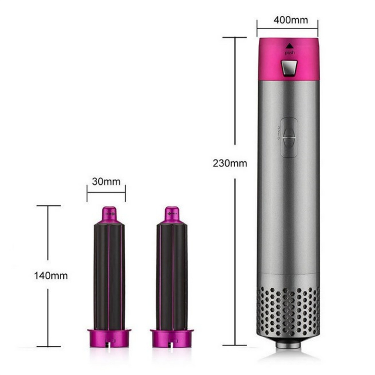 Ein silbernes und rosa Haarstyling-Tool mit Zubehör. Abmessungen sind in Millimetern angegeben.