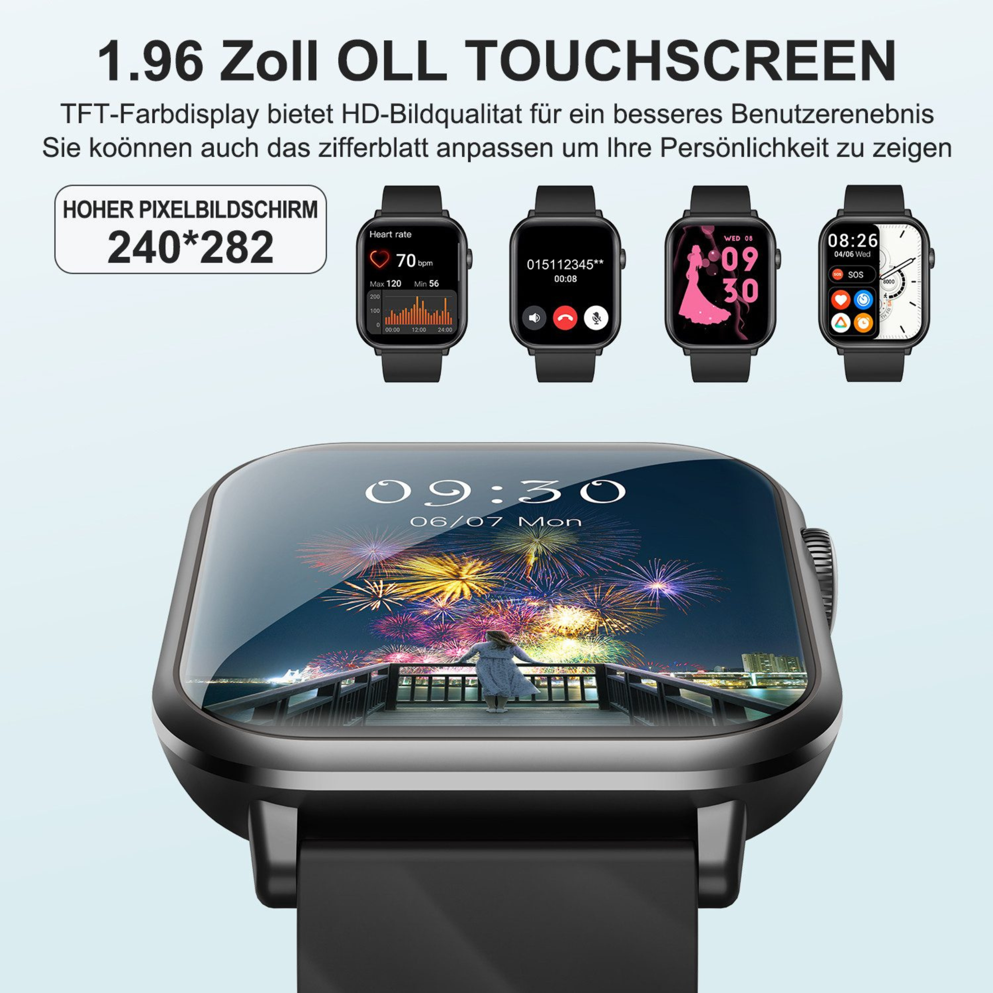 Smartwatch z wieloma opcjami wyświetlania pokazującymi czas, tętno i powiadomienia.