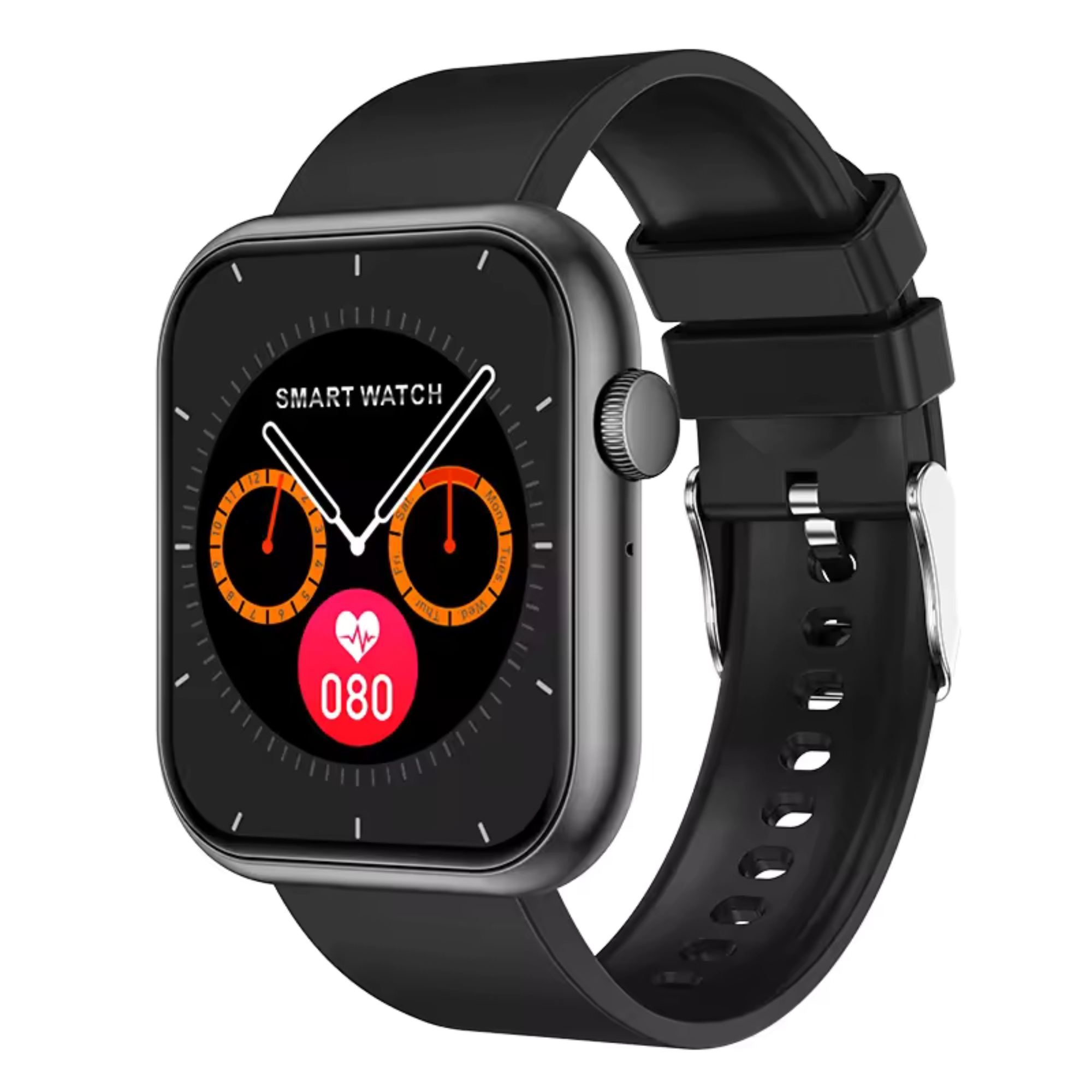 Czarny smartwatch z kwadratową tarczą. Ma czarny pasek i wyświetla dane zdrowotne.