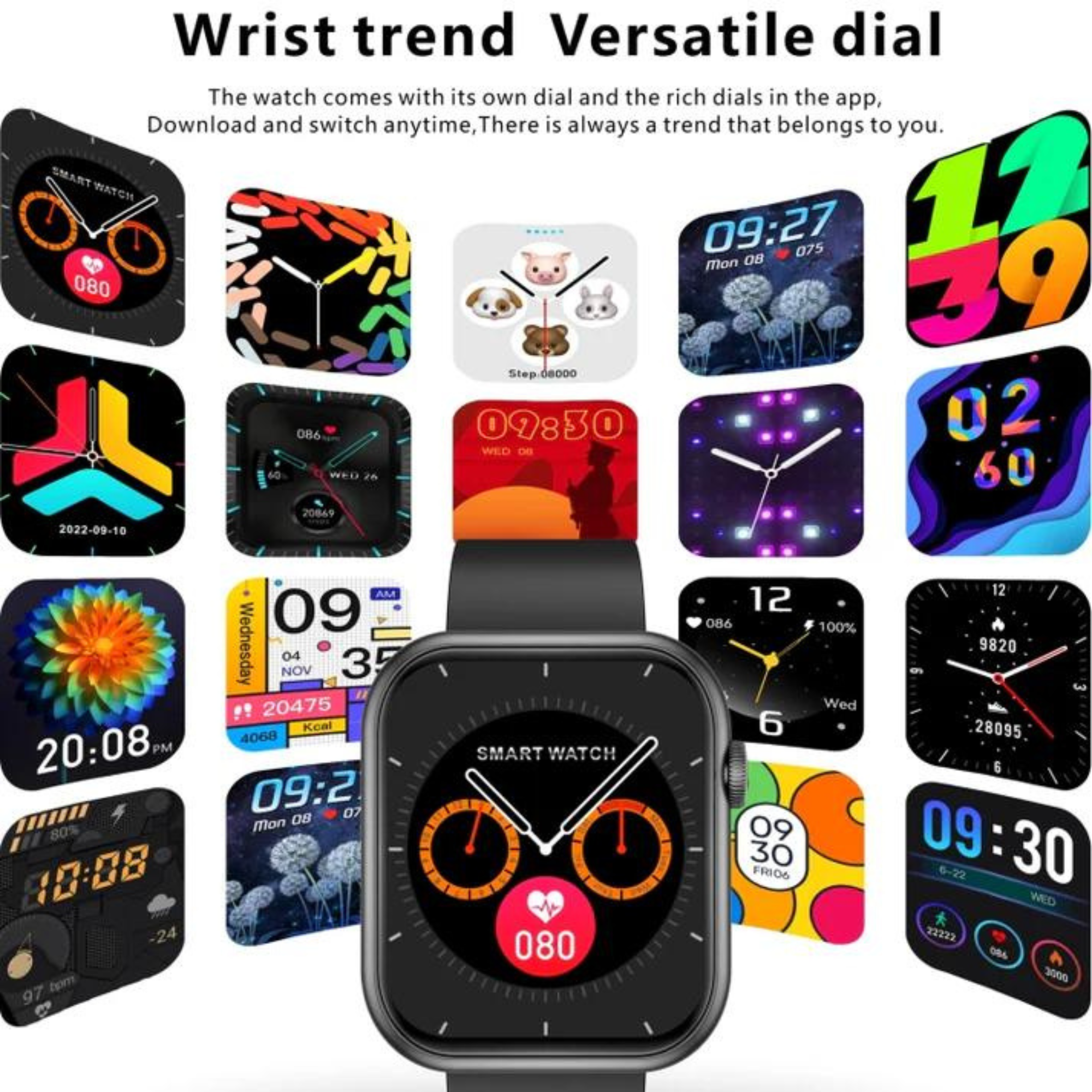 Smartwatch z różnymi tarczami. Czarny zegarek z wieloma opcjami stylu.